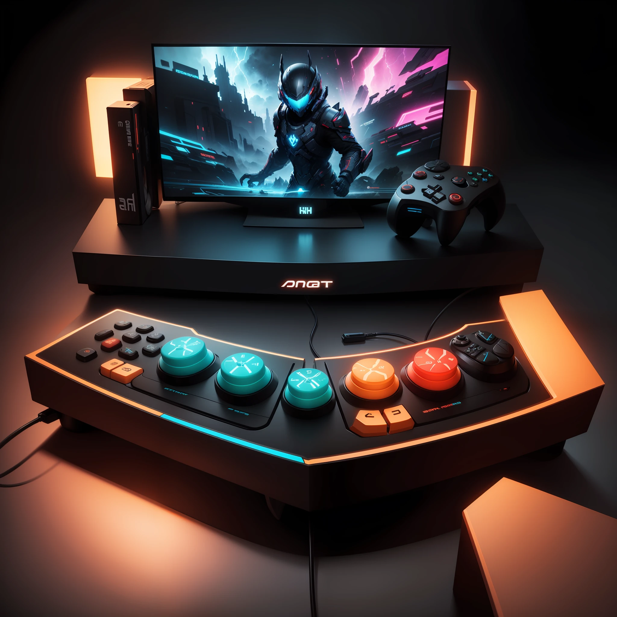 Gaming remote, smooth colours, attractive, logo, 8k ultra hd, black background, many colours, abstract, masterpiece, powerfull, controler,