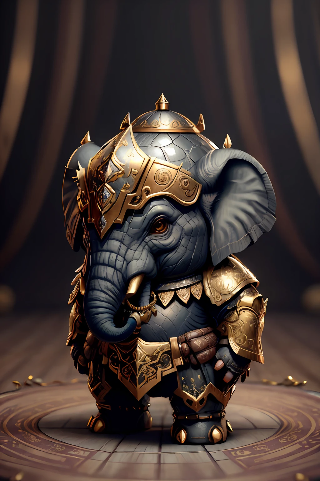 3dcreature cute elephant wearing knightly armor with detailed floral decorations,1boy,largeeyes,tchibi,realisticlying,Hyper-realistic,ultra - detailed,analogue style,hip is cocked,dignified,low chest,Black lace,Detailed skins,Matte skin,gentlesoftlighting,sub surface scattering,realisticlying、Heavy shadows、tmasterpiece、best qualtiy、Ultra photo realsisim、8k、the golden ratio、iintricate、high detal、Film photography、soft focus