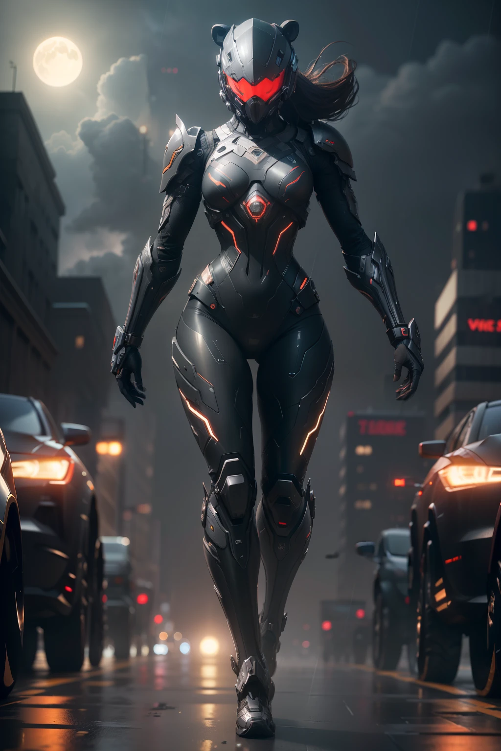 Bear, WARFRAME, intricate pattern, heavy metal, energy lines, faceless, glowing eyes, elegant, intense, blood red and black uniform, solo, modern, city, streets, dark clouds, thunderstorm, heavy rain, dramatic lighting, (masterpiece:1.2), best quality, high resolution, beautiful detailed, extremely detailed, perfect lighting,(full body, (dynamic pose), action pose), (rim lighting, studio lighting, distant moon light, night, bloom), (cinematic, best quality, masterpiece, ultra HD textures, highly detailed, hyper realistic, intricate detail, 8k, photorealistic, concept art, matte painting, autodesk maya, vray render, ray tracing, hdr), (dslr, full frame, 16mm focal length, f/8 aperture, dynamic perspective, dynamic angle, golden ratio, wide photography, wide field of view, deep depth of field, zoom out) techwear, urbansamurai 3d, realistic cyborg in a cyberhelmet head