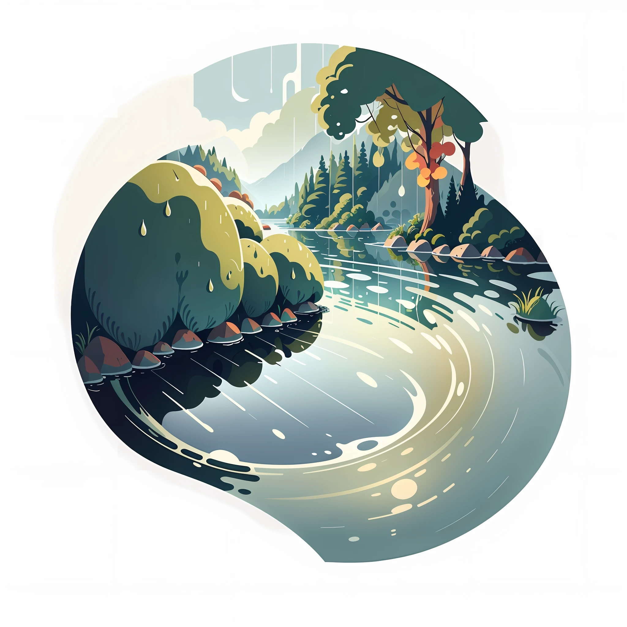 rainwater:A drizzle,Raindrops fall on the lake,The water is rippling,。Mobile wallpaper illustration,Nature views, Minimalist illustration, Line illustration, Colorful。circular composition,Flat illustration。