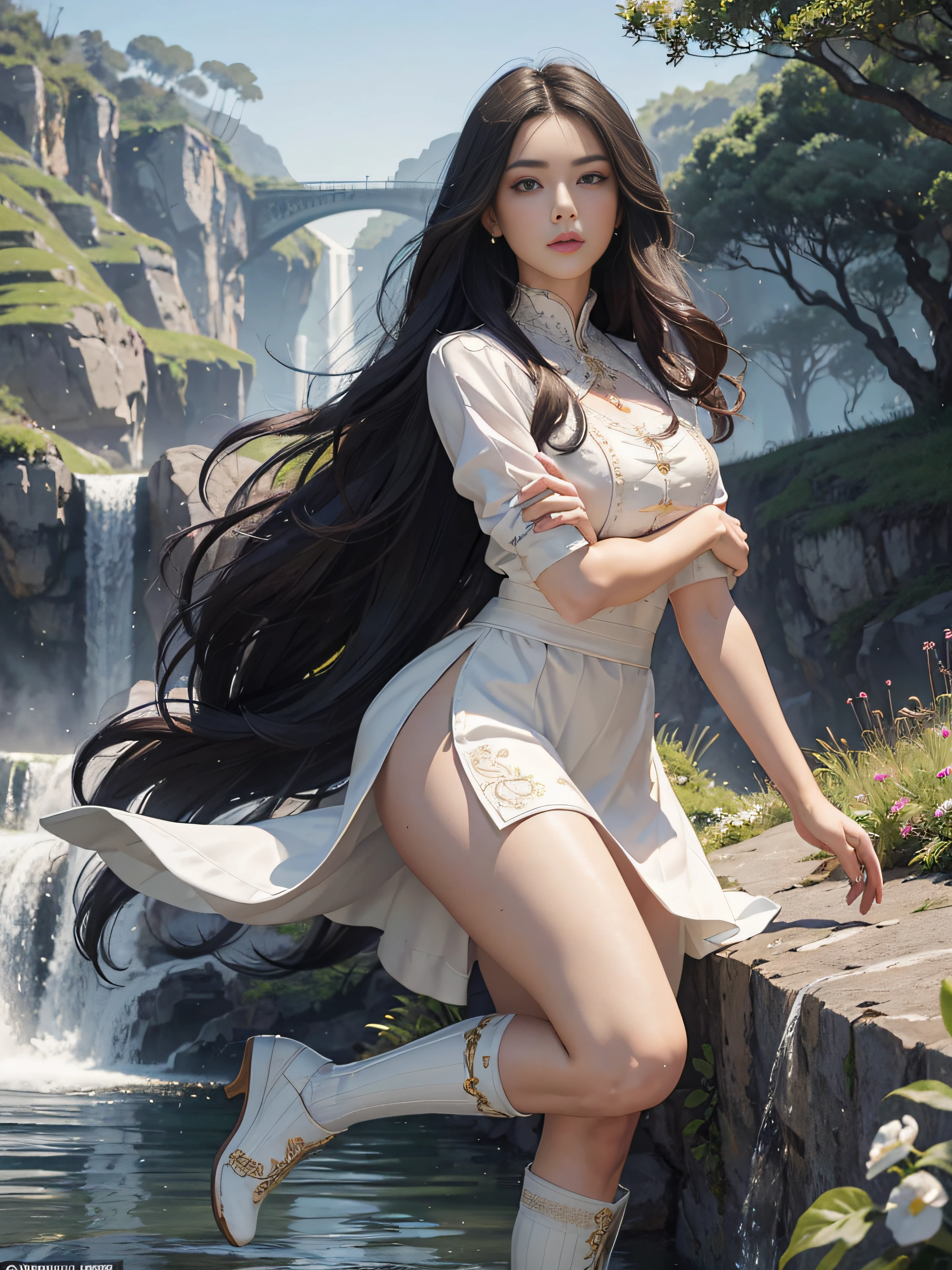 full-body portraits, stunningly beautiful, dynamicposes,best qualityer,hyper-detailing,illustratio,Fine and detailed eyes and detailed face,swordsmen,Woman,mature,Royal sister,Wearing a white antique dress,The skirt is embroidered with a light pattern,Wearing booties on his feet,Exposes over-the-knee cotton socks,long socks,Show off the booty look,Walk among the flowers,Beautiful appearance、A martial arts beauty with a refined temperament,Hair like a waterfall,It is black and bright,Naturally drapes to the waist,Flutter in the wind,Straight face,The bridge of the nose is straight,Lips are rosy as cherries,Tall and curvy,Slim waist,line sleek