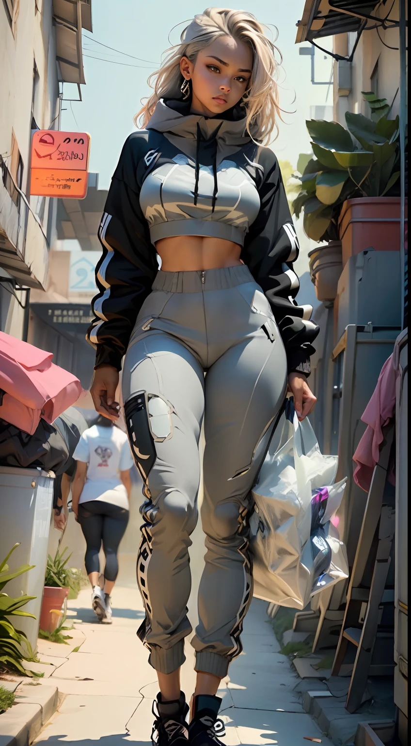 Woman body defined thick thighs cybernetic body parts, high tech open hoodie, realistic body ratio, muscular toned body, brown skin color, tracksuit pants, front facing, symmetrical, bored face, hot weather
