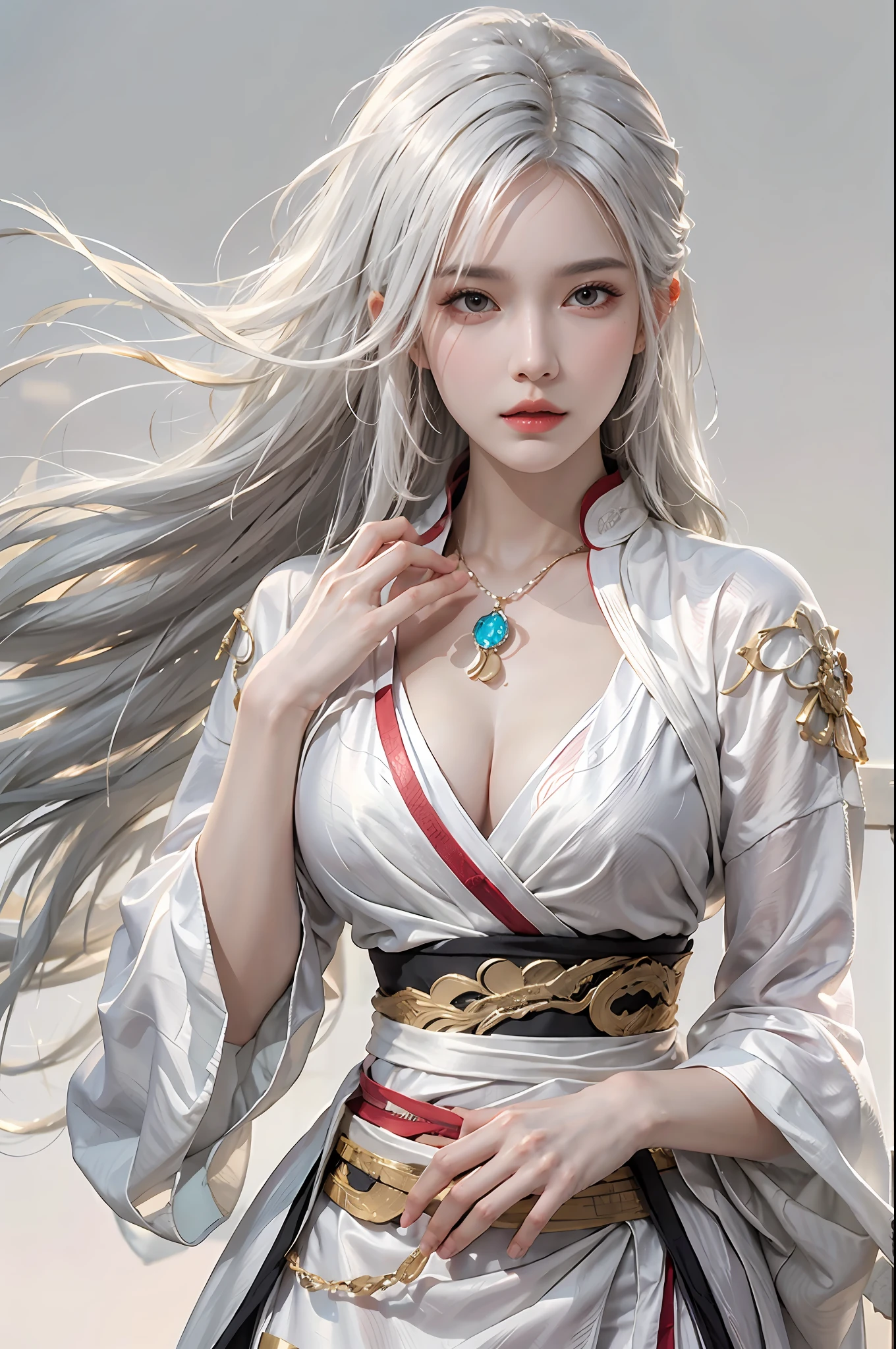 photorealistic, high resolution, 1women, solo, hips up, look at viewer, (detailed face), narrow waist, closed lips, white hair, long hair, kungfu clothes, Robe of Annica Zai, jewelry