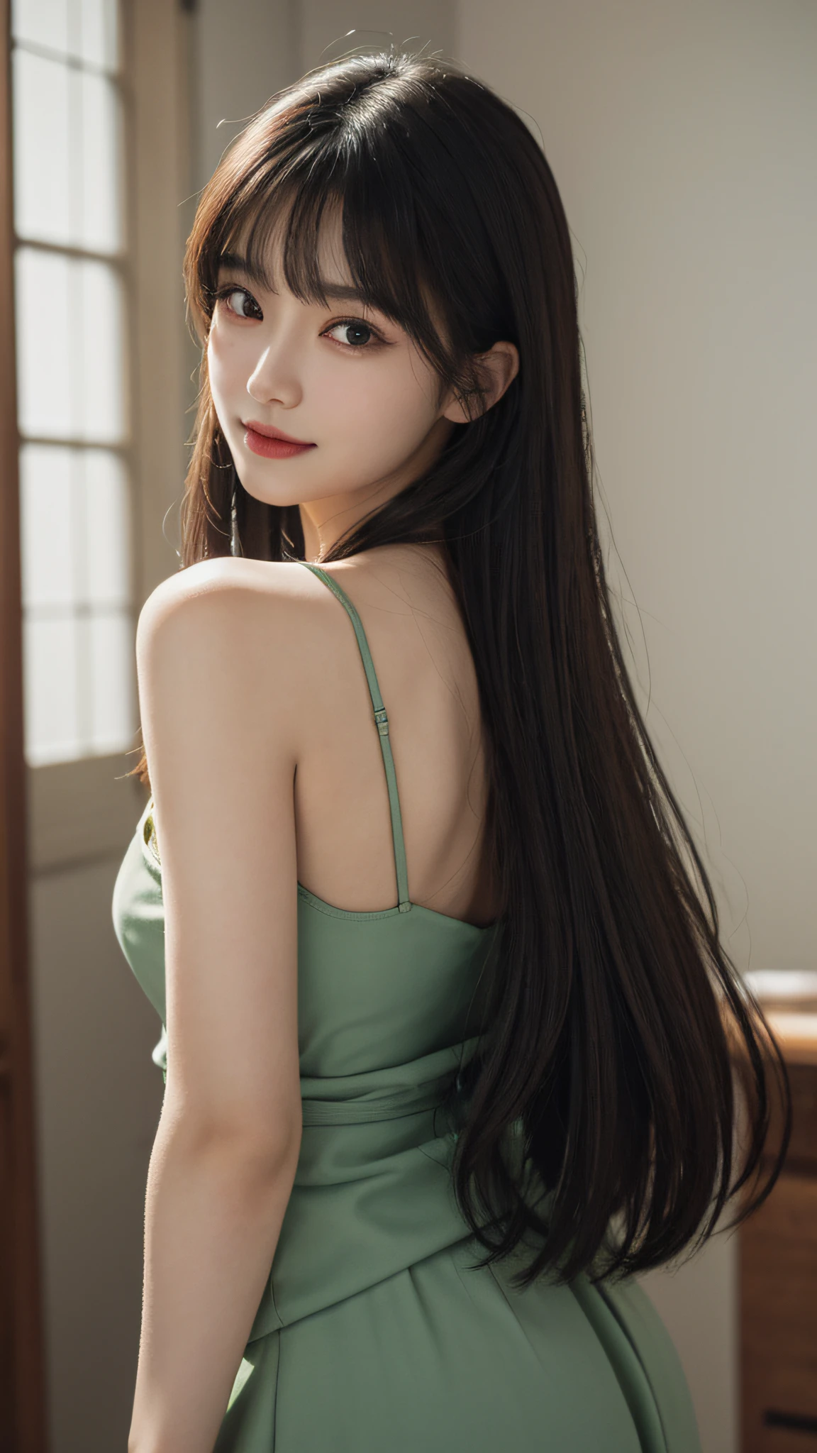 Masterpiece, best picture quality, high quality, beautiful woman, Japanese, popular Korean makeup, detailed, swollen eyes, detailed eyes, detailed skin, beautiful skin, ultra high resolution, (reality: 1.4),very beautiful, slightly younger face, beautiful skin, slender, (ultra realistic), (illustration), (high resolution), (8K), (very detailed) (best illustration), (beautifully detailed eyes), (super detailed), (wallpaper), (detailed face), looking at viewer, fine detail, detailed face, pureerosfaceace_v1, smiling, looking straight ahead, looking straight ahead, angle from waist up, realistic photo, bright lighting, professional lighting, black hair (some green), long hair, dark ruins, big red moon, gorgeous red and black dress, mature woman, long stylish bangs,