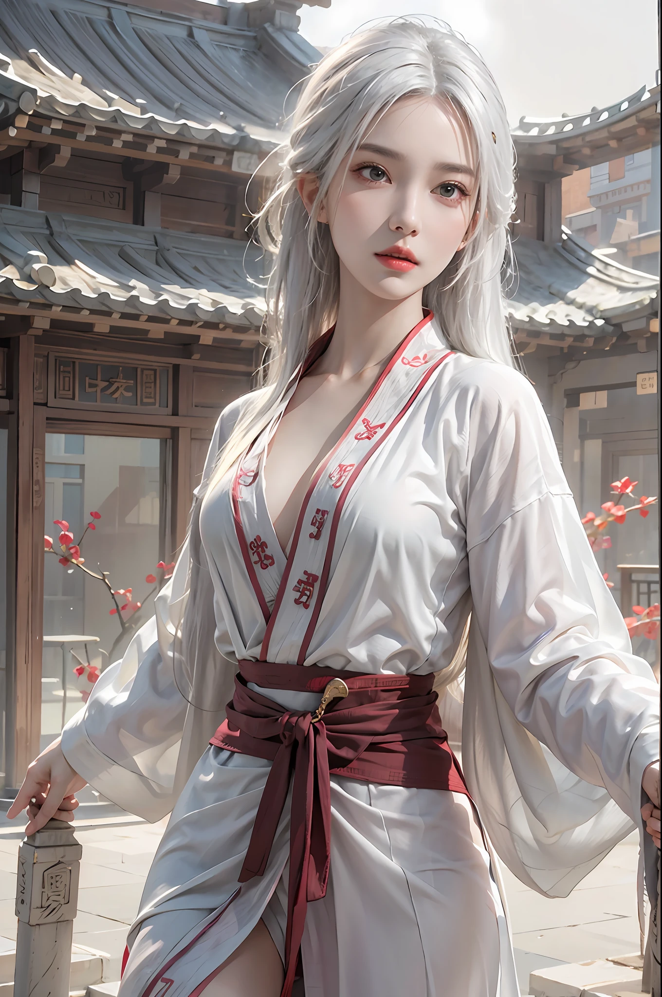 photorealistic, high resolution, 1women, solo, hips up, look at viewer, (detailed face), narrow waist, closed lips, white hair, long hair, kungfu clothes, Robe of Annica Zai, jewelry