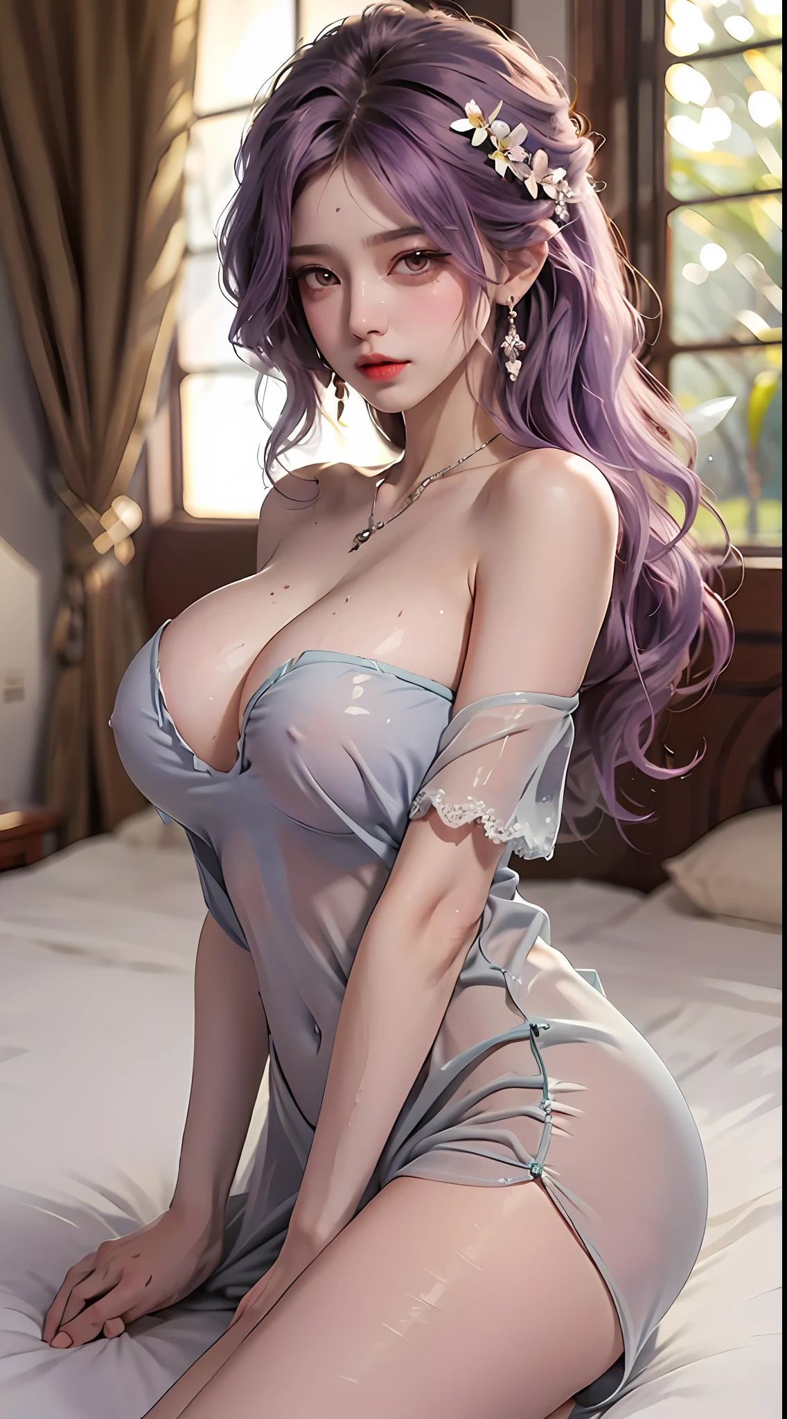 Masterpiece, best quality, (detailed background), high contrast, 1 girl, sweat, sweaty body, (light sheer fabric:1.4)(loose:1.5)lace strapless dress, (((huge)saggy )), (bare breastsrect nipple))areola full body, oed, clean line drawings, wavy light purple hair, bare shoulders, very large boobs, very huge boobs, very hug, best quality, b busty body, 8K, ss sexy, shy, shy look, seve, lust, lewd eyes, wskin, bare thighs, light on face years korean idol, necklace, earing, flowers on her hair