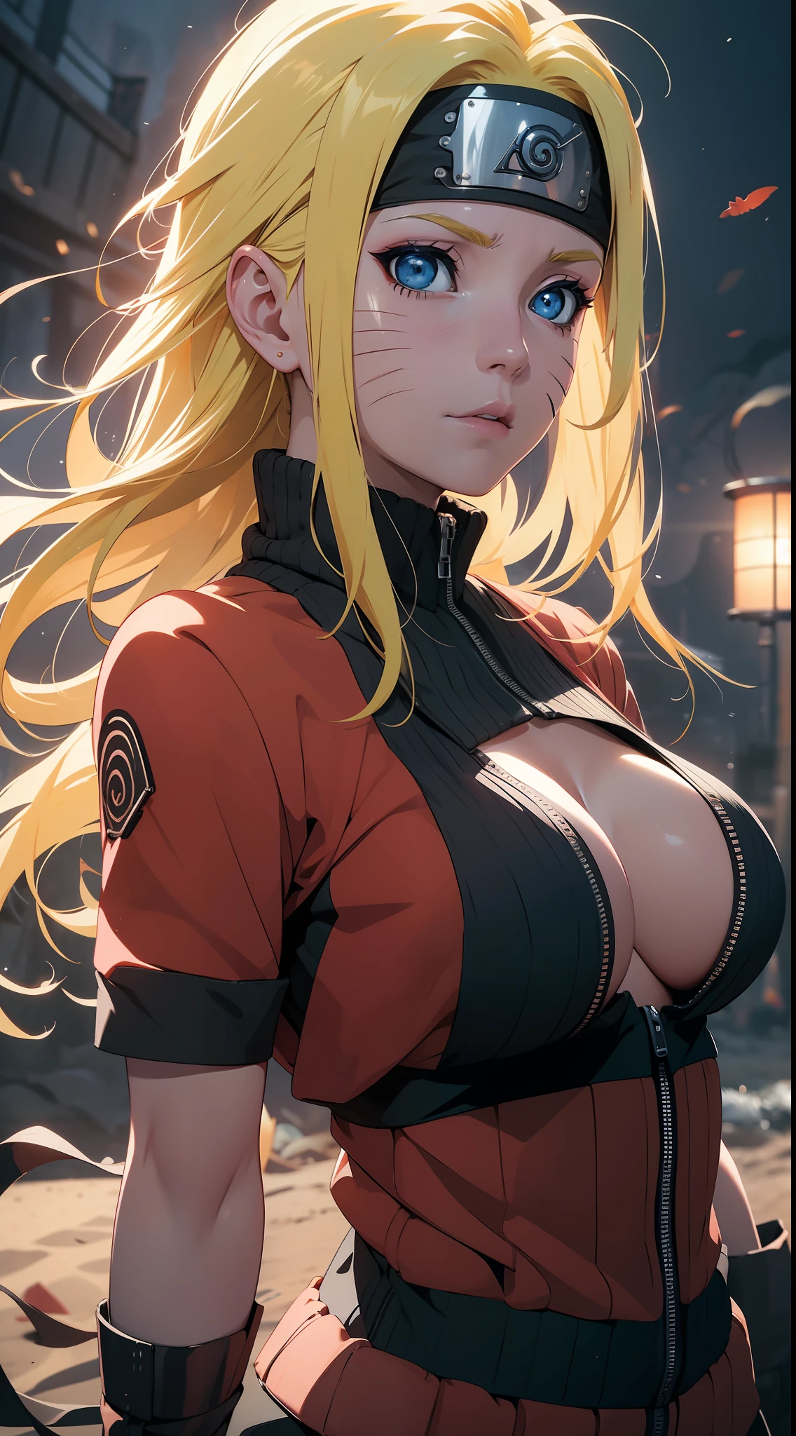 Naruto Uchiha Vortex is super realistic，detail-rich，one-girl，Large breasts，cleavage，Be red in the face，Yellow hair，best qualityer，tmasterpiece, Johnny Depp walks across the beach at night among fireflies，sharp fokus, contrasty lighting, Delicate skin, High resolution 8K, insanely details, realisticlying, professional photoshooting, 8K  UHD, SLR camera, softlighting, high high quality, filmgrain, Fujifilm XT3，Keep one's mouth shut，particle fx
