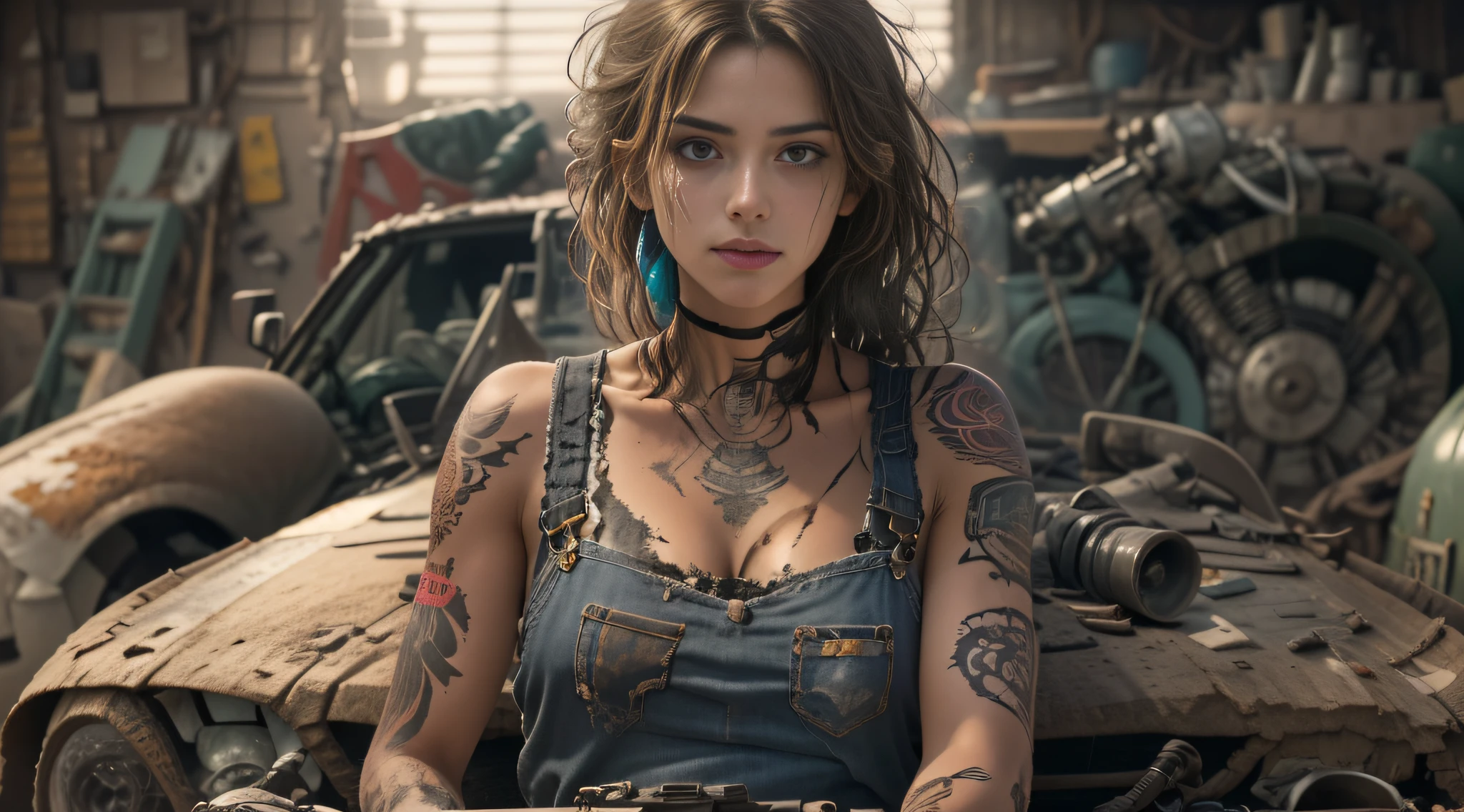 ((best quality)), ((masterpiece)), (detailed), mesmerizing and alluring female mechanic covered in grease, (Dirty and rugged charm:1.2), (tough and confident demeanor:1.1), (mechanical expertise:1.3), disheveled hair, smudged face with a playful smirk, stained overalls clinging to her curves, (gritty tools of the trade:1.2), cluttered repair shop, scattered car parts, (authentic automotive ambiance:1.2), (intense gaze:1.1), gripping a wrench in her dirty hands, 8k resolution,looking at another, looking away,( tattoo:1.2), masterpiece, best quality,