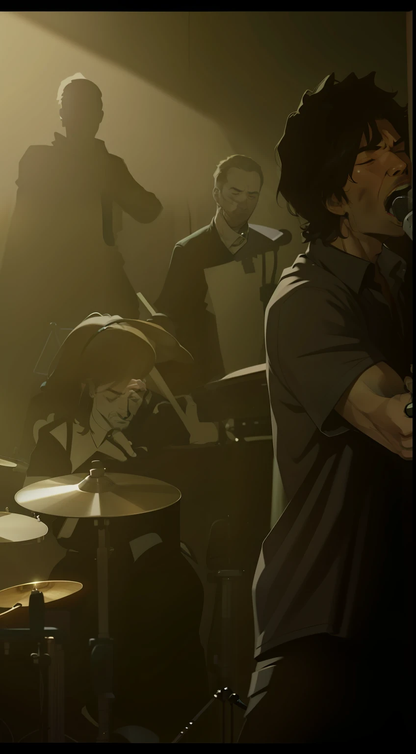 A band playing music, with a main man singing with the microphone hand