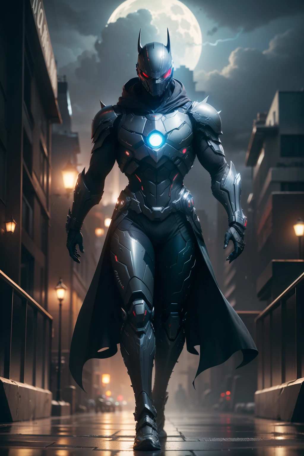Dark Knight, WARFRAME, intricate pattern, heavy metal, energy lines, faceless, glowing eyes, elegant, intense, blood red and black uniform, solo, modern, city, streets, dark clouds, thunderstorm, heavy rain, dramatic lighting, (masterpiece:1.2), best quality, high resolution, beautiful detailed, extremely detailed, perfect lighting,(full body, (dynamic pose), action pose), (rim lighting, studio lighting, distant moon light, night, bloom), (cinematic, best quality, masterpiece, ultra HD textures, highly detailed, hyper realistic, intricate detail, 8k, photorealistic, concept art, matte painting, autodesk maya, vray render, ray tracing, hdr), (dslr, full frame, 16mm focal length, f/8 aperture, dynamic perspective, dynamic angle, golden ratio, wide photography, wide field of view, deep depth of field, zoom out) techwear, urbansamurai 3d, realistic cyborg in a cyberhelmet head