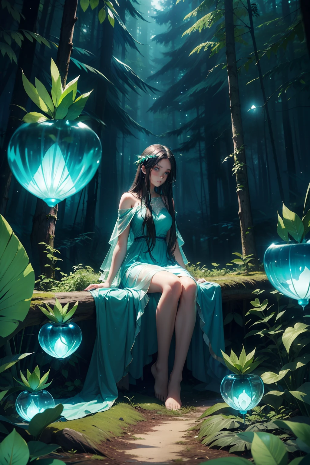 young woman, long dark hair, luminiscent transparent blue green teal glowing dress, in the dark forest at night, blue eyes, calm and serene, dreamy, glowing teal plants, magical forest with lights, cinematic shot, sitting under the tree, big glowing blue plants
