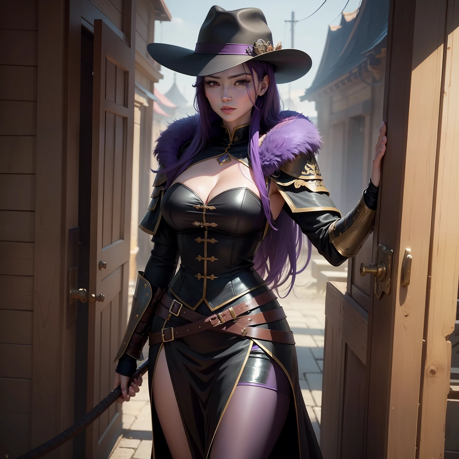 The animations are rich in detail，This is a high-quality 8K masterpiece。35-year-old woman，A woman，Single photo，The warden's look，She has deep purple hair，Wear a hat on the head，A fur coat，Armor for a gentleman's suit，Long whip in hand