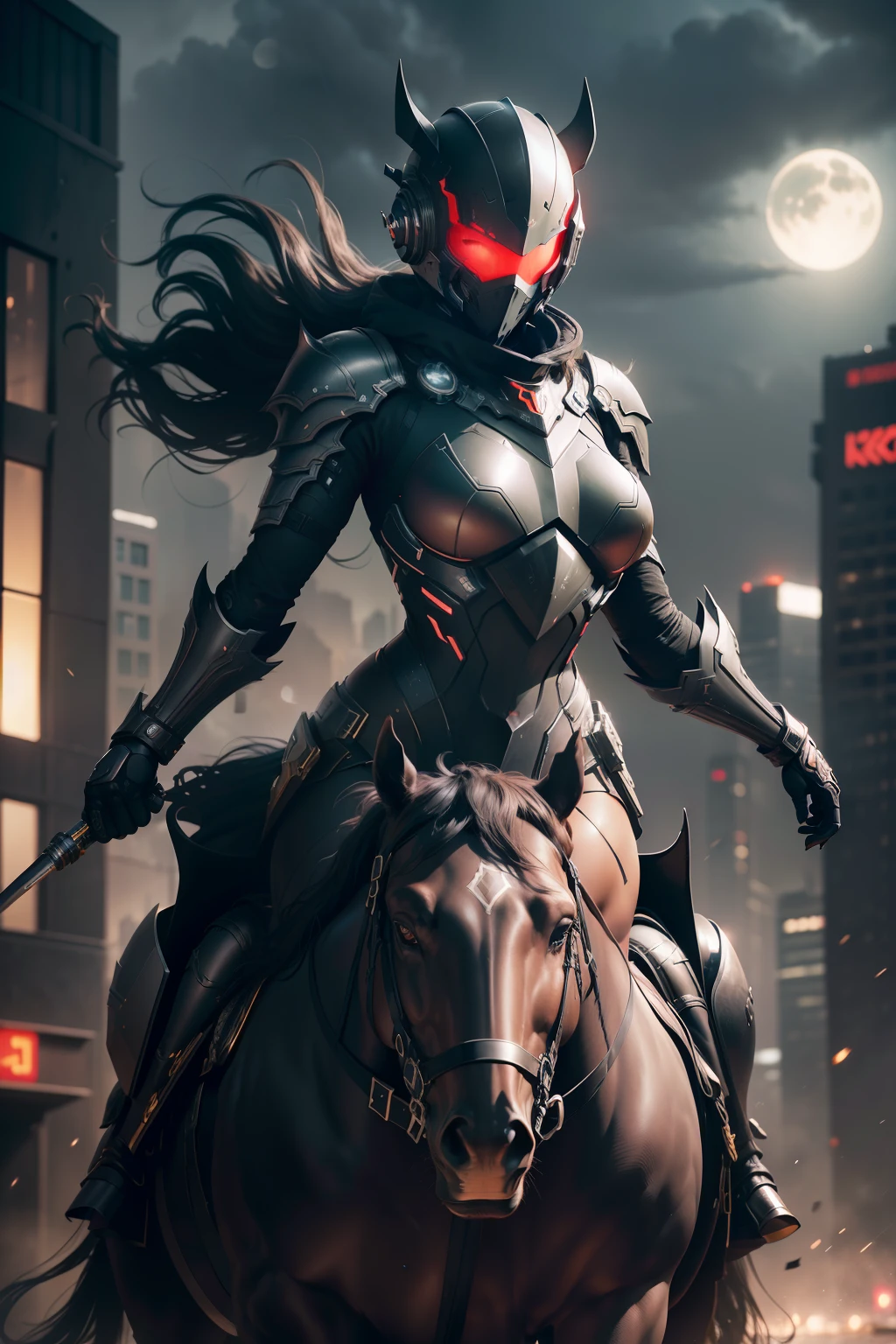 Dark Knight on the horse, WARFRAME, intricate pattern, heavy metal, energy lines, faceless, glowing eyes, elegant, intense, blood red and black uniform, solo, modern, city, streets, dark clouds, thunderstorm, heavy rain, dramatic lighting, (masterpiece:1.2), best quality, high resolution, beautiful detailed, extremely detailed, perfect lighting,(full body, (dynamic pose), action pose), (rim lighting, studio lighting, distant moon light, night, bloom), (cinematic, best quality, masterpiece, ultra HD textures, highly detailed, hyper realistic, intricate detail, 8k, photorealistic, concept art, matte painting, autodesk maya, vray render, ray tracing, hdr), (dslr, full frame, 16mm focal length, f/8 aperture, dynamic perspective, dynamic angle, golden ratio, wide photography, wide field of view, deep depth of field, zoom out) techwear, urbansamurai 3d, realistic cyborg in a cyberhelmet head