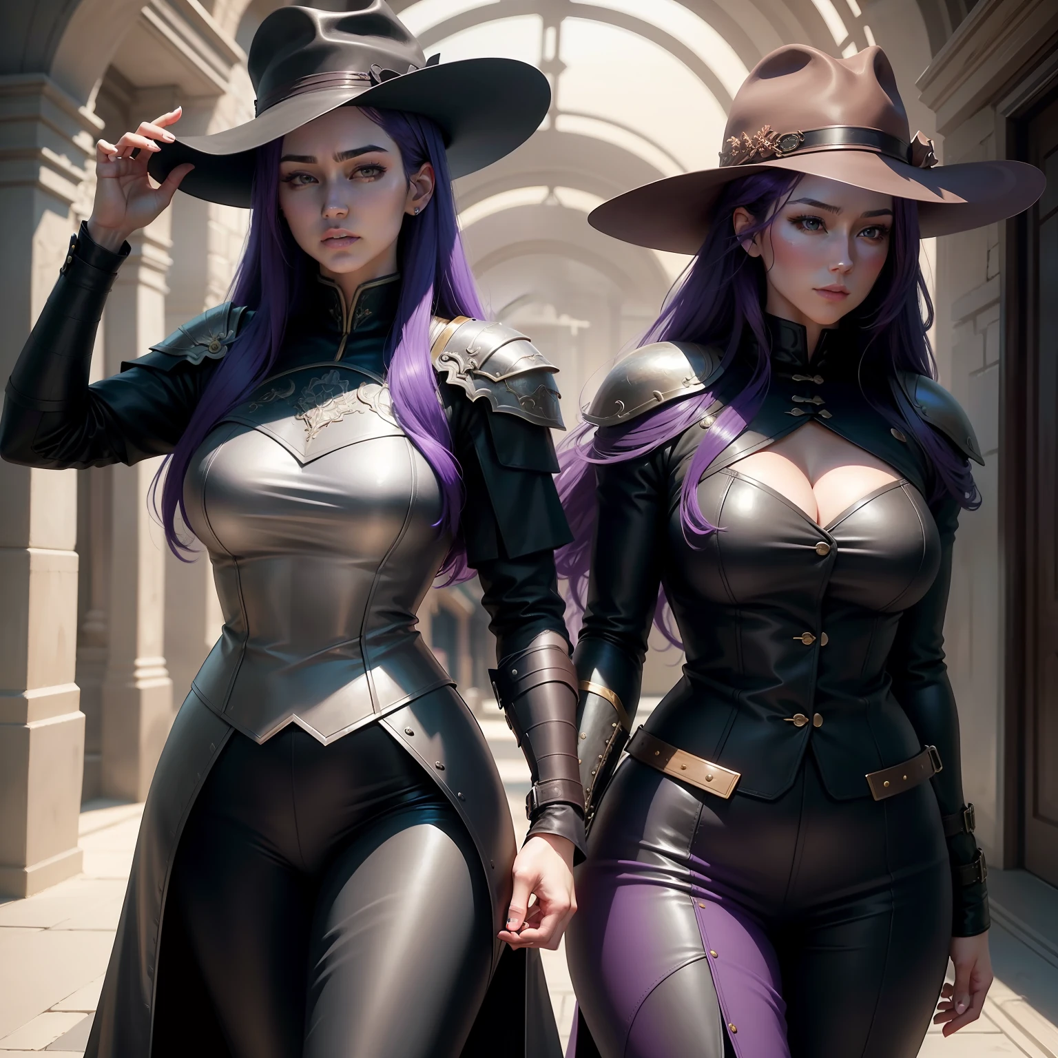 The animations are rich in detail，This is a high-quality 8K masterpiece。35-year-old woman，A woman，bachelorhood，The look of the warden，deep purple hair，wearing hat，Wear a leather coat，Armor for a gentleman's suit，Long whip in hand