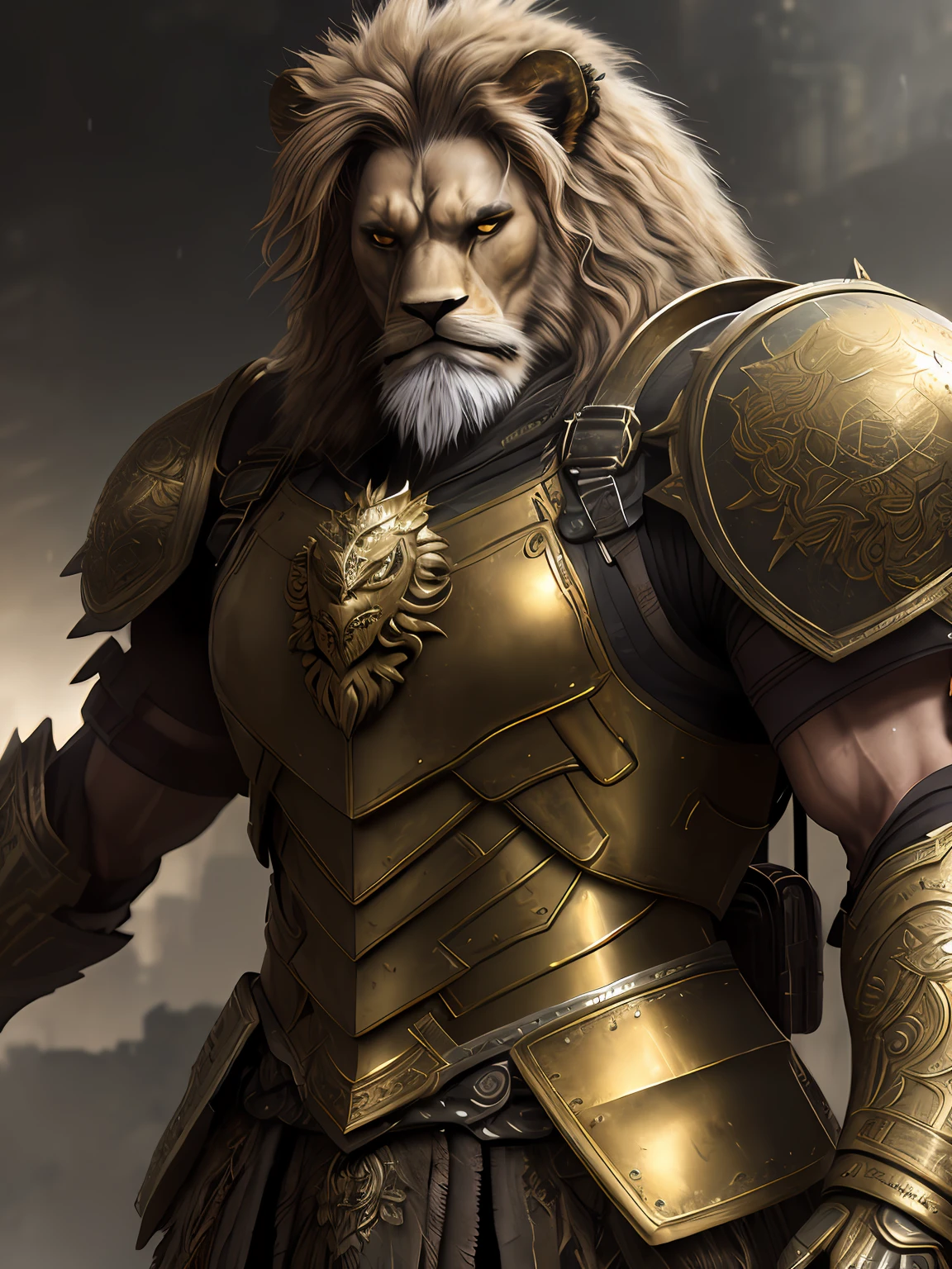 ，gold armor，metalictexture，Lion head,Hairy，strong muscular man, street angry, backpack, epic realistic, photo, faded, complex stuff around, intricate background, soaking wet, neutral colors, ((((hdr)))), ((((muted colors)))), intricate scene, artstation, intricate details, vignette