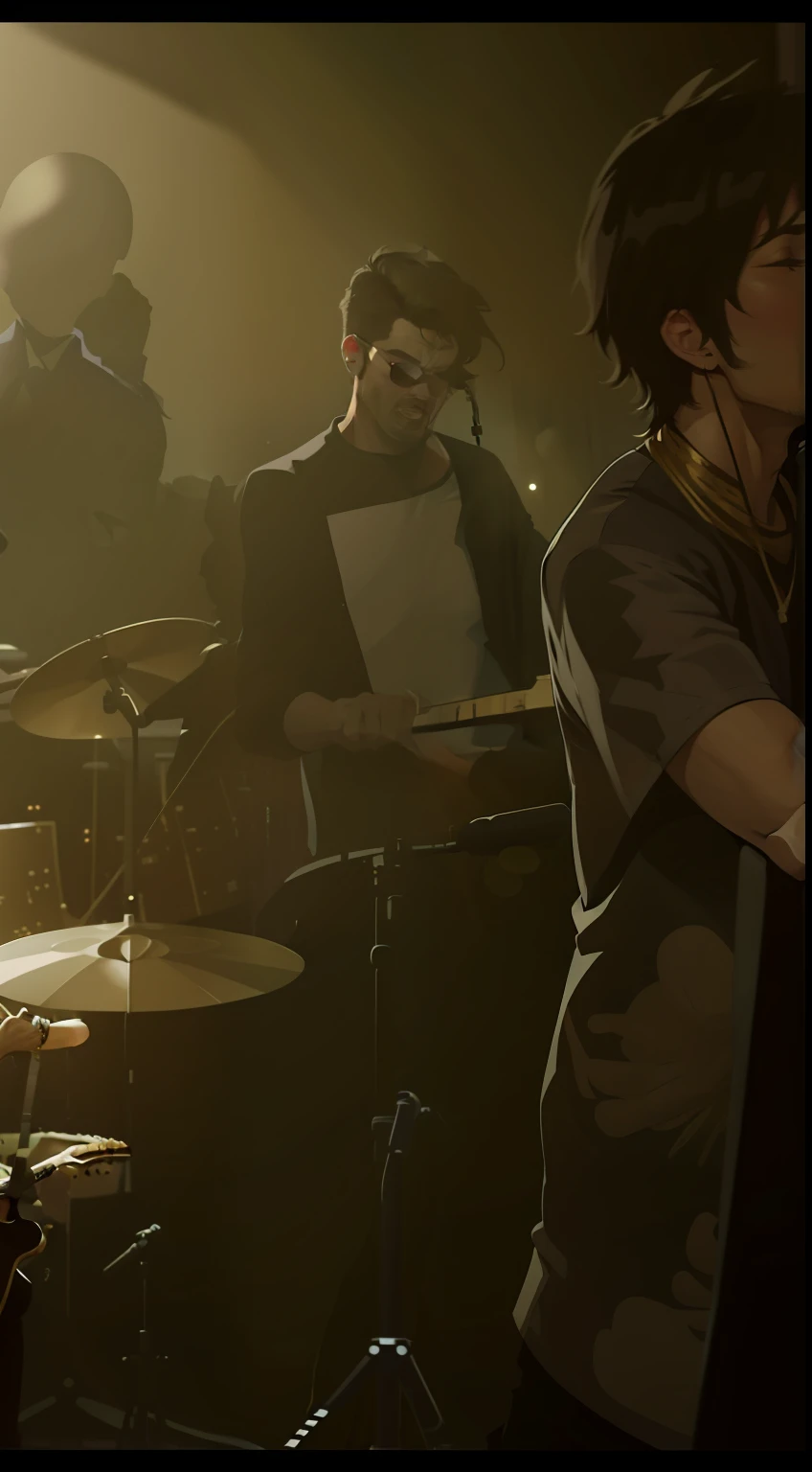 A band playing music, with a main man singing with the microphone hand