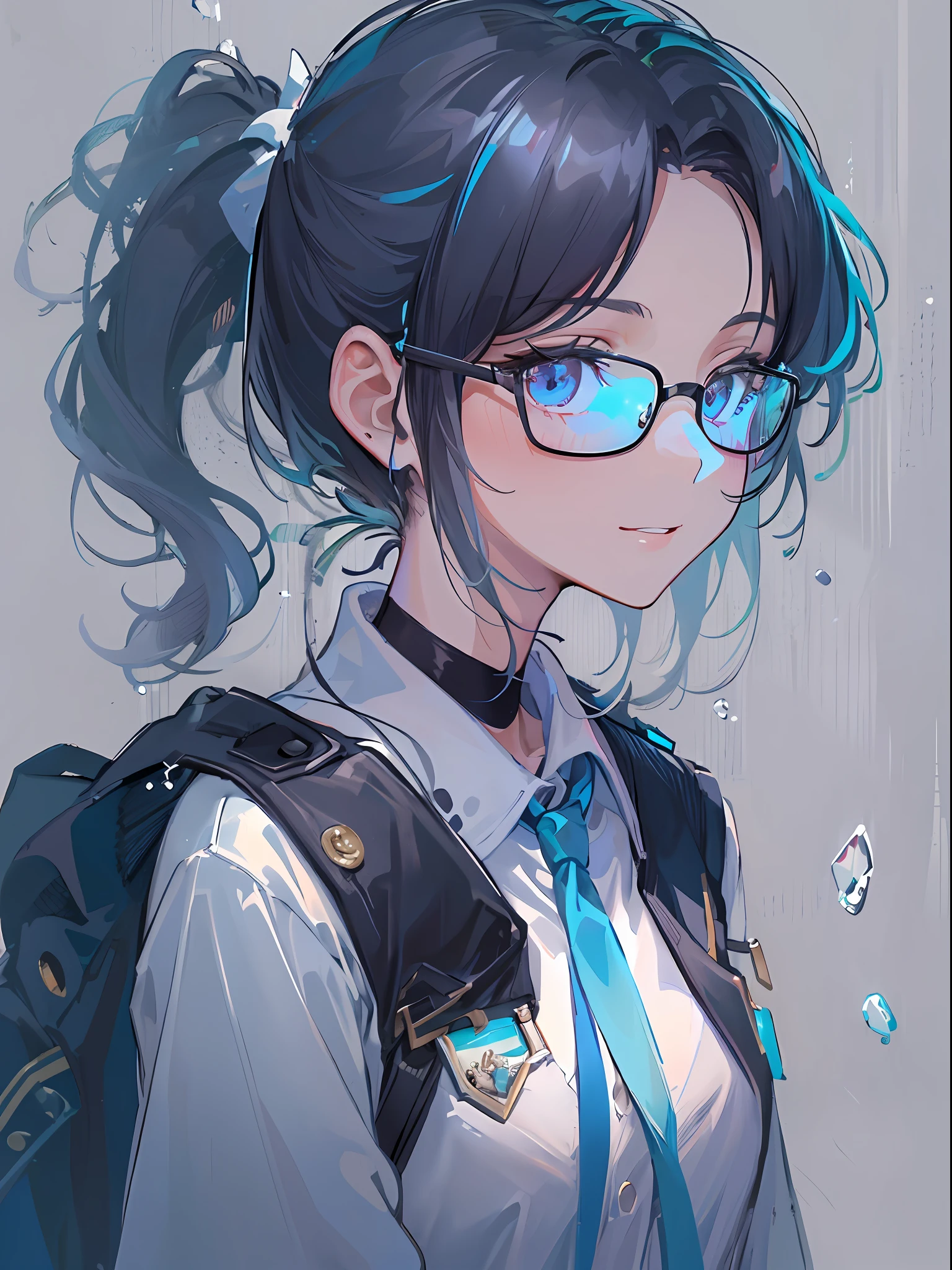 ((top-quality)), ((​masterpiece)), ((ultra-detailliert)), (extremely delicate and beautiful), girl with, 独奏, cold attitude,((Black jacket)),She is very(relax)with  the(Settled down)Looks,A dark-haired, depth of fields,evil smile,Bubble, under the water, Air bubble,bright light blue eyes,Inner color with black hair and light blue tips,Cold background,Bob Hair - Linear Art, a miniskirt、knee high socks、White uniform like school uniform、Light blue ribbon ties、Clothes are sheer、Hands in pockets、Ponytail hair