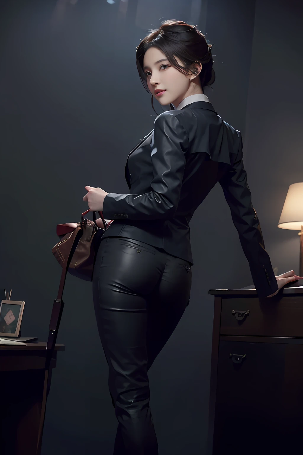 （Front focus），（in the darkness nigth：1.6）Surrealist portraits of women，Fantasyart，photographrealistic，动态照明，art  stations，poster for，Volumetriclighting，Very detailed faces，4 k''，Award-Awarded， , 1girll, In the dark, deepshadow, low tune, long whitr hair,ssmile，Pure beauty，Beautiful（best qualtiy，8k，32k，tmasterpiece，UHD：1.2），1girll，beautiful  japanese woman，a narrow waist，grey suit，Open jacket，office  lady，Business suit，trouser，from back，office room，office desk，（stick out buttocks：1.2），详细的脸，short detailed hair，from below，lifting one leg