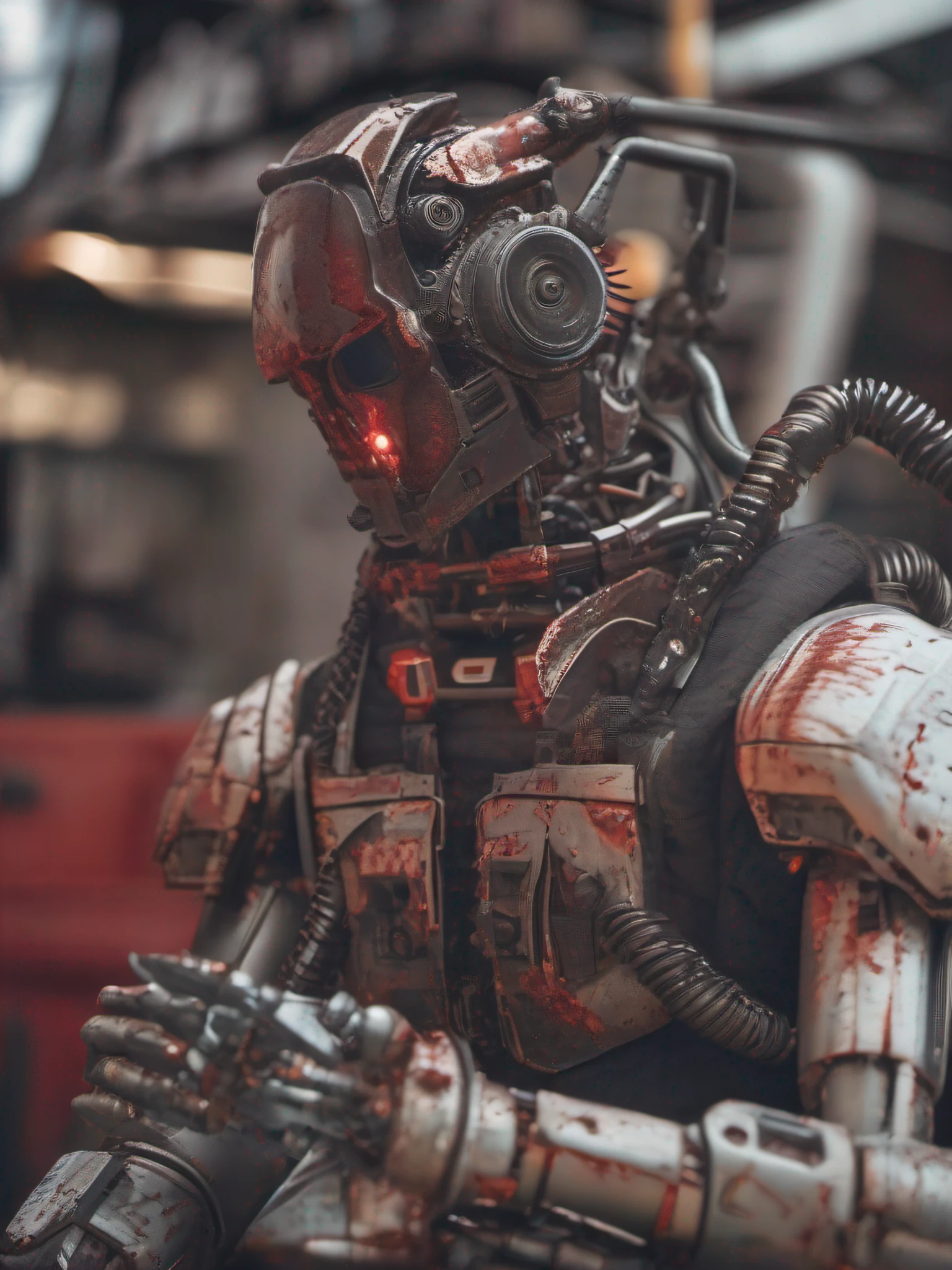 dvMech, 85mm, f1.8, robot portrait, dark matte smooth ceramics, intricate design, very detailed, fine details, extremely clear lines, cinematic lighting, realistic photos, a detailed masterpiece, Dark_Fantasy, Cyberpunk, (chain saw, chain saw man, Red:1.1), 1man, Mechanical marvel, Robotic presence, Cybernetic guardian, in shabby mech suit, intricate, (steel metal [rusty]), elegant, clear focus, photographed by greg rutkowski, soft lighting, bright colors, masterpiece, ((street)), cowboy shooting, dynamic pose