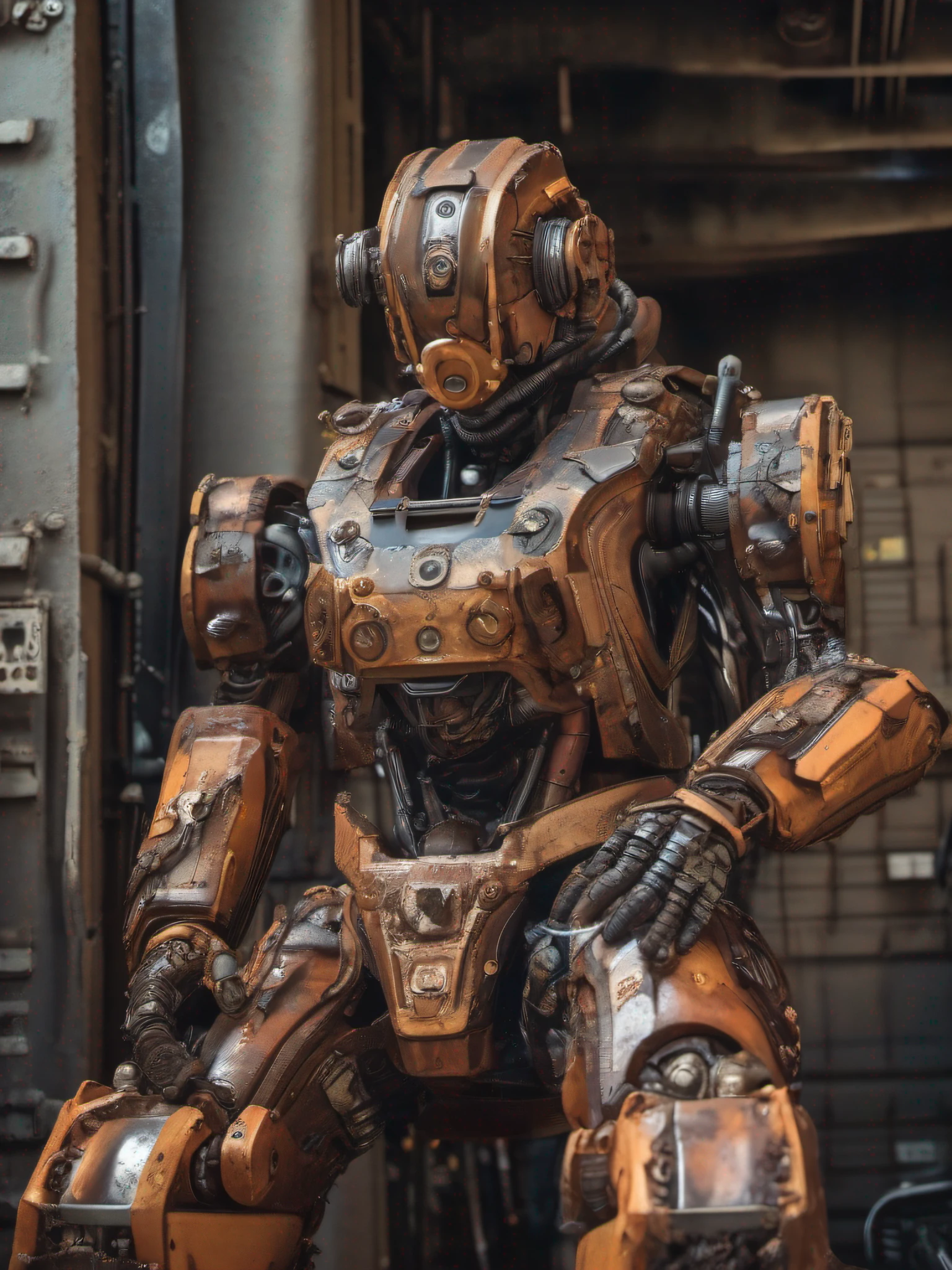 dvMech, 85mm, f1.8, robot portrait, dark matte smooth ceramics, intricate design, very detailed, fine details, extremely clear lines, cinematic lighting, realistic photos, a detailed masterpiece, Dark_Fantasy, Cyberpunk, (chain saw, chain saw man, , 1man, Mechanical marvel, Robotic presence, Cybernetic guardian, in shabby mech suit, intricate, (steel metal [rusty]), elegant, clear focus, photographed by greg rutkowski, soft lighting, bright colors, masterpiece, ((street)), cowboy shooting, dynamic pose