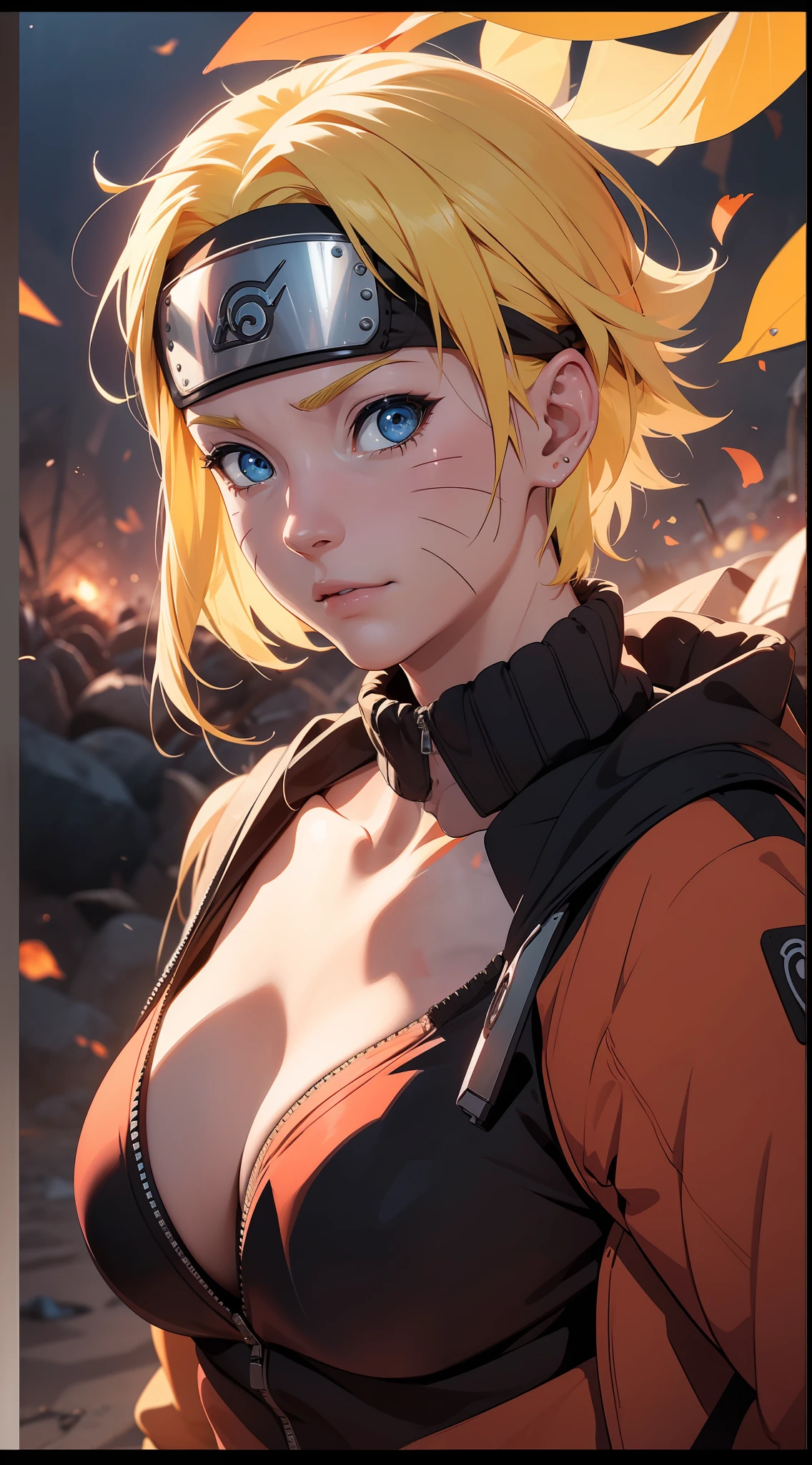 Naruto Uchiha Vortex is super realistic，detail-rich，Super short blonde hair，orange clothes，Forehead，one-girl，Large breasts，cleavage，Be red in the face，Yellow hair，best qualityer，tmasterpiece, Johnny Depp walks across the beach at night among fireflies，sharp fokus, contrasty lighting, Delicate skin, High resolution 8K, insanely details, realisticlying, professional photoshooting, 8K  UHD, SLR camera, softlighting, high high quality, filmgrain, Fujifilm XT3，Keep one's mouth shut，particle fx