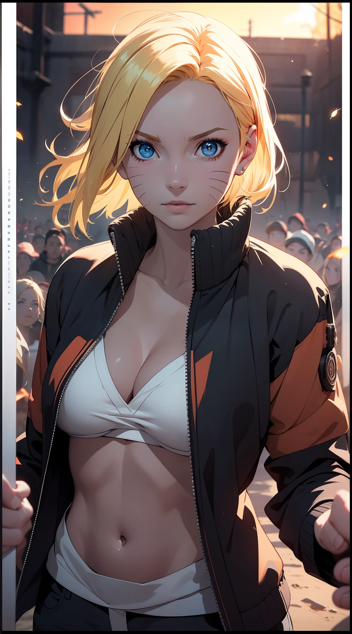 Naruto Uchiha Vortex is super realistic，detail-rich，Super short blonde hair，orange clothes，Forehead，one-girl，Large breasts，cleavage，Be red in the face，Yellow hair，best qualityer，tmasterpiece, Johnny Depp walks across the beach at night among fireflies，sharp fokus, contrasty lighting, Delicate skin, High resolution 8K, insanely details, realisticlying, professional photoshooting, 8K  UHD, SLR camera, softlighting, high high quality, filmgrain, Fujifilm XT3，Keep one's mouth shut，particle fx