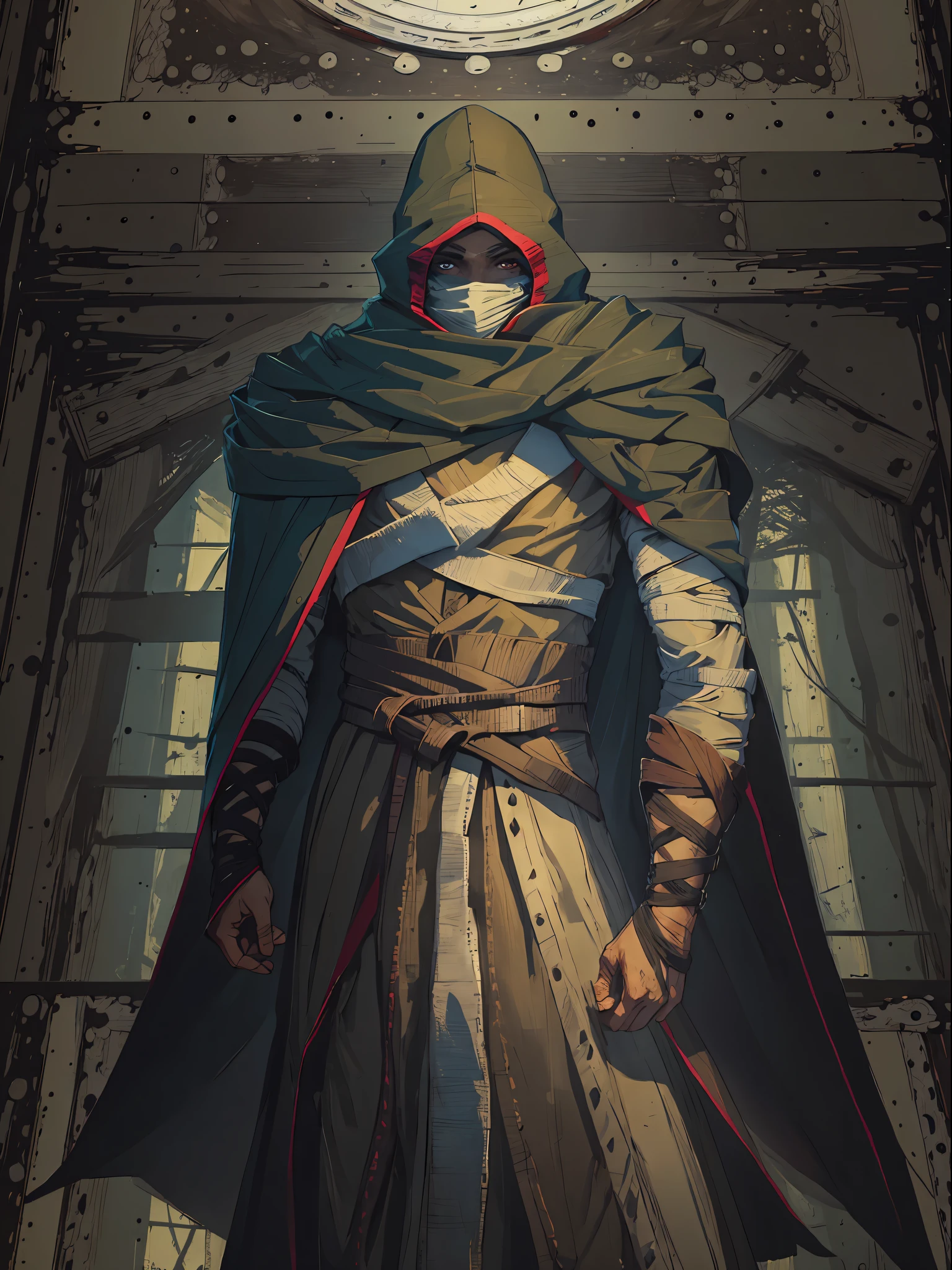A man with his upper body wrapped in bandages, wearing a cloak that covers his face, revealing eyes that don't appear human, This character design is reminiscent of a wild and savage persona in Japanese anime, with finely crafted character design and a mature artistic style, ((character concept art)), full body character drawing, high definition, best quality, ultra-detailed, extremely delicate, anatomically correct, symmetrical face, extremely detailed eyes and face, high quality eyes, RAW photo, UHD, 8k, professional lighting, soft lighting, (masterpiece:2)