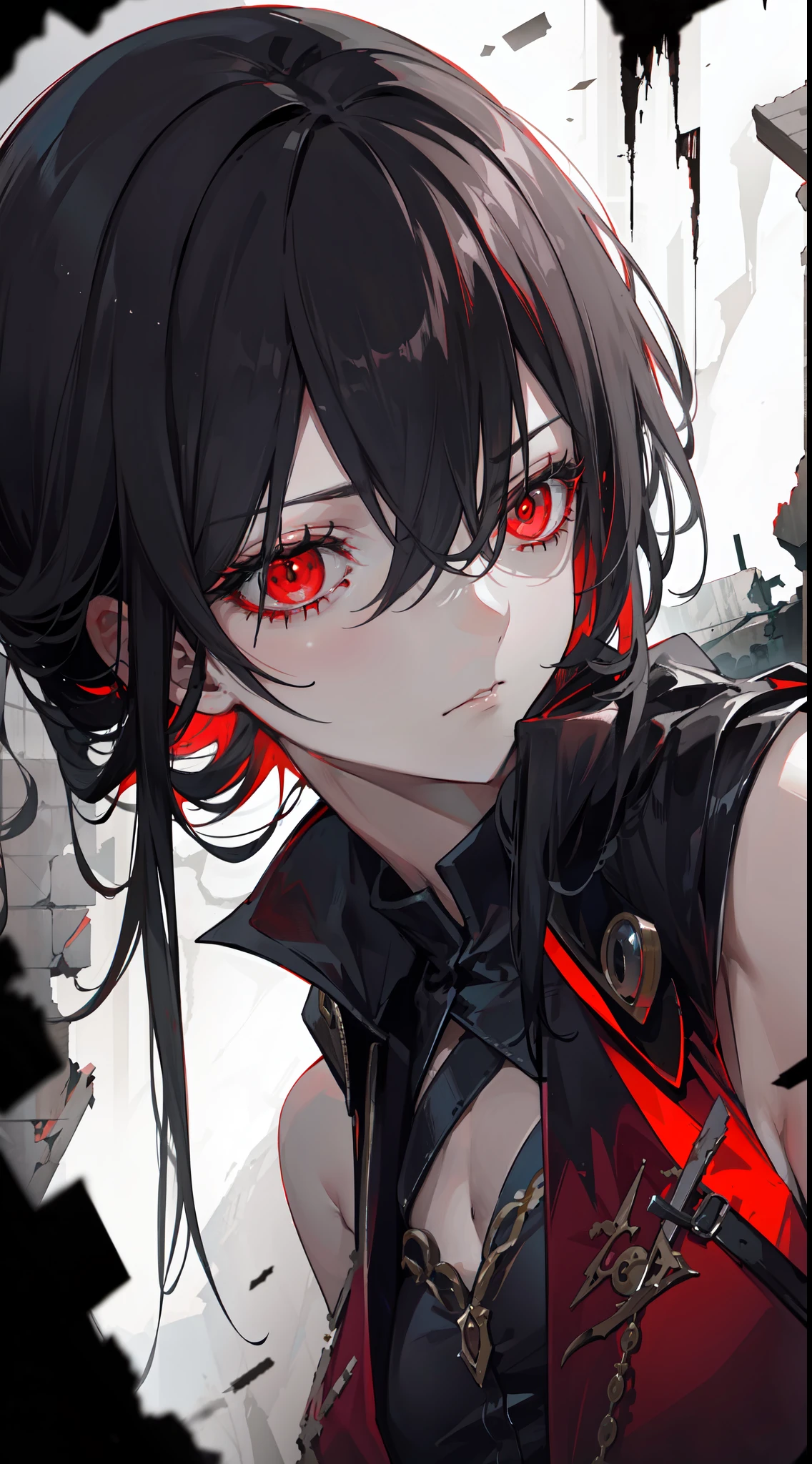 "Epic and haunting atmosphere, amidst the crumbling ruins, a resilient figure with jet-black hair and glow red eyes, exuding a touch of sorrow."