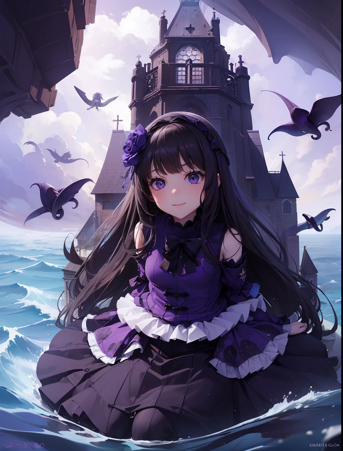 ((giantess girl. bottom of the ocean:1.2)). A beautiful girl sits on the roof of a church looking down at us. The church has sunk to the bottom of the sea. The girl is wearing a purple gothic lolita dress. She looks young, her eyes are big and smiling. Wriggling tentacles. broken church.