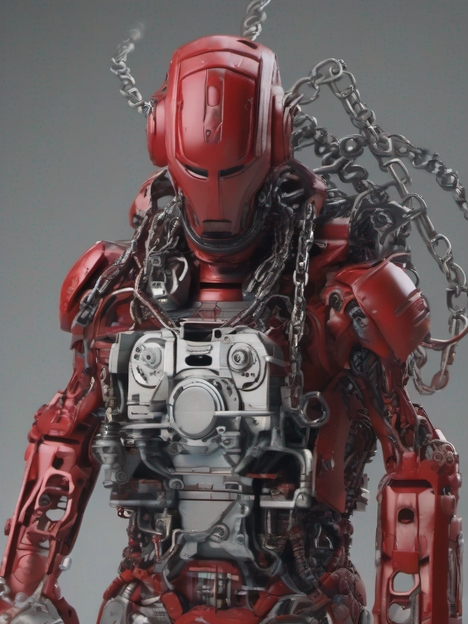 dvMech, 85mm, f1.8, robot portrait, dark matte smooth ceramics, intricate design, very detailed, fine details, extremely clear lines, cinematic lighting, realistic photos, a detailed masterpiece, Dark_Fantasy, Cyberpunk, (chain saw, chain saw man, Red:1.1), 1man, Mechanical marvel, Robotic presence, Cybernetic guardian, in shabby mech suit, intricate, (steel metal [rusty]), elegant, clear focus, photographed by greg rutkowski, soft lighting, bright colors, masterpiece, ((street)), cowboy shooting, dynamic pose