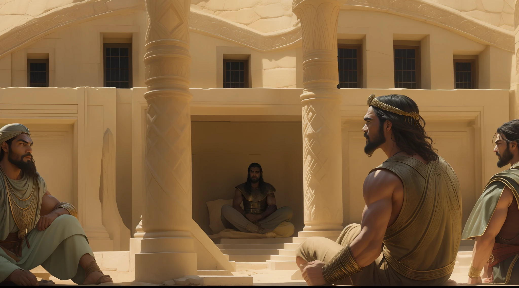 arafed man sitting on the ground in front of a building, movie still 8 k, still from a live action movie, jason momoa as assyrian, still from a fantasy movie, still from the movie, biblical epic movie, film still from the movie, inspired by Frederick Lord Leighton, cinematic full shot, film promotional still, still image from the movie