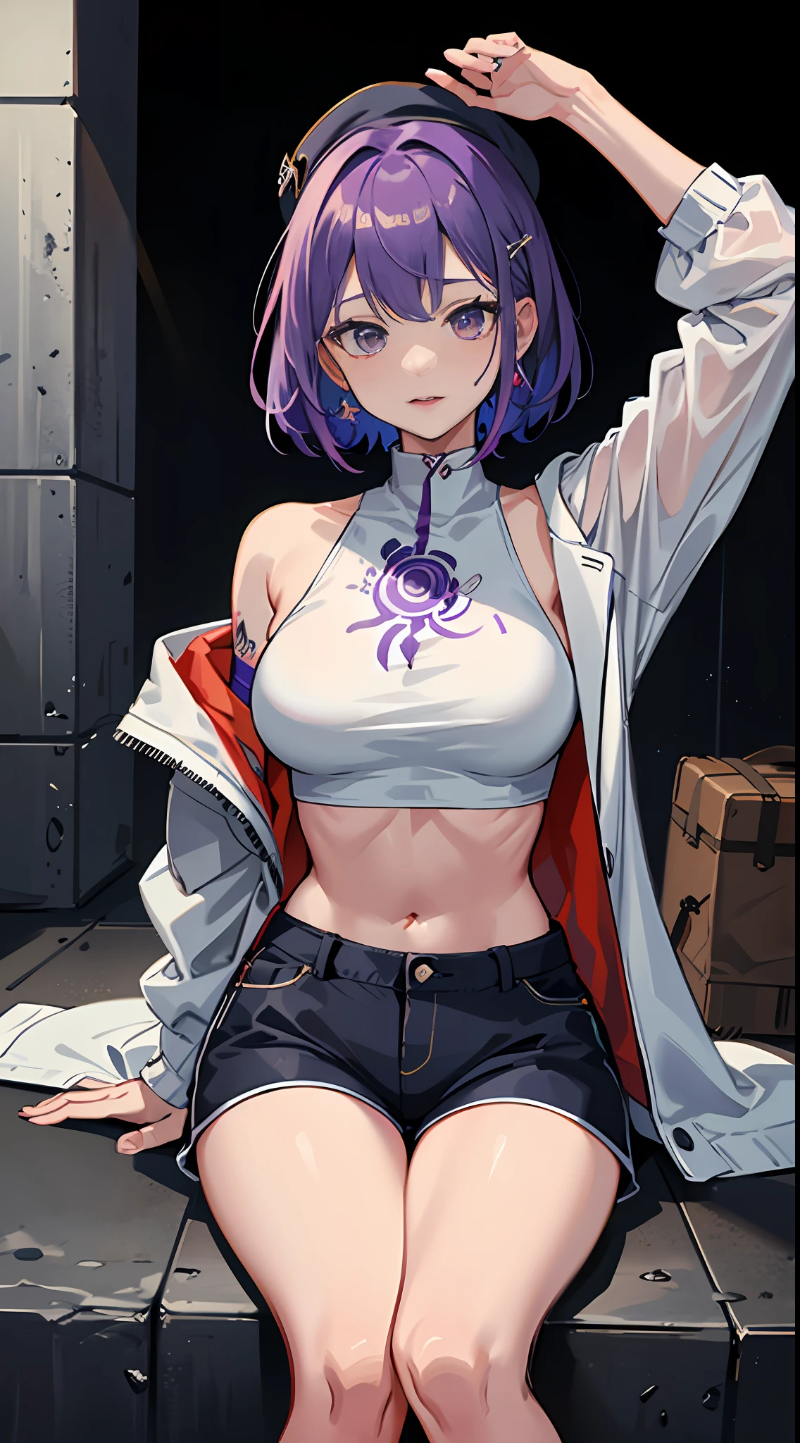 , tmasterpiece, a matural female,Best quality at best, 8k wallpaper, beatiful detailed eyes, fully body photo, 黑The eye, Detailed hairpins, swimmingpool, Wet body,Colorful long-sleeved sweater,Ultra shorts,Outdoor swimming pool,Mouth open,Sat down,Surreal graphics,oversized boobs,soaking wet,There is fluid on the legs,yellow clothing,Purple clothes,White crop top,clothes: Short clothes,tight top,Raised breasts cleavage ,Fine patterns of clothes,tattoos on the lower abdomen,Flame it up,Arms raised,Happy expression,redheadwear,whaite hair,blue hair,Purple hair big breasts,blond hairbl,silber hair,short detailed hair,long whitr hair
