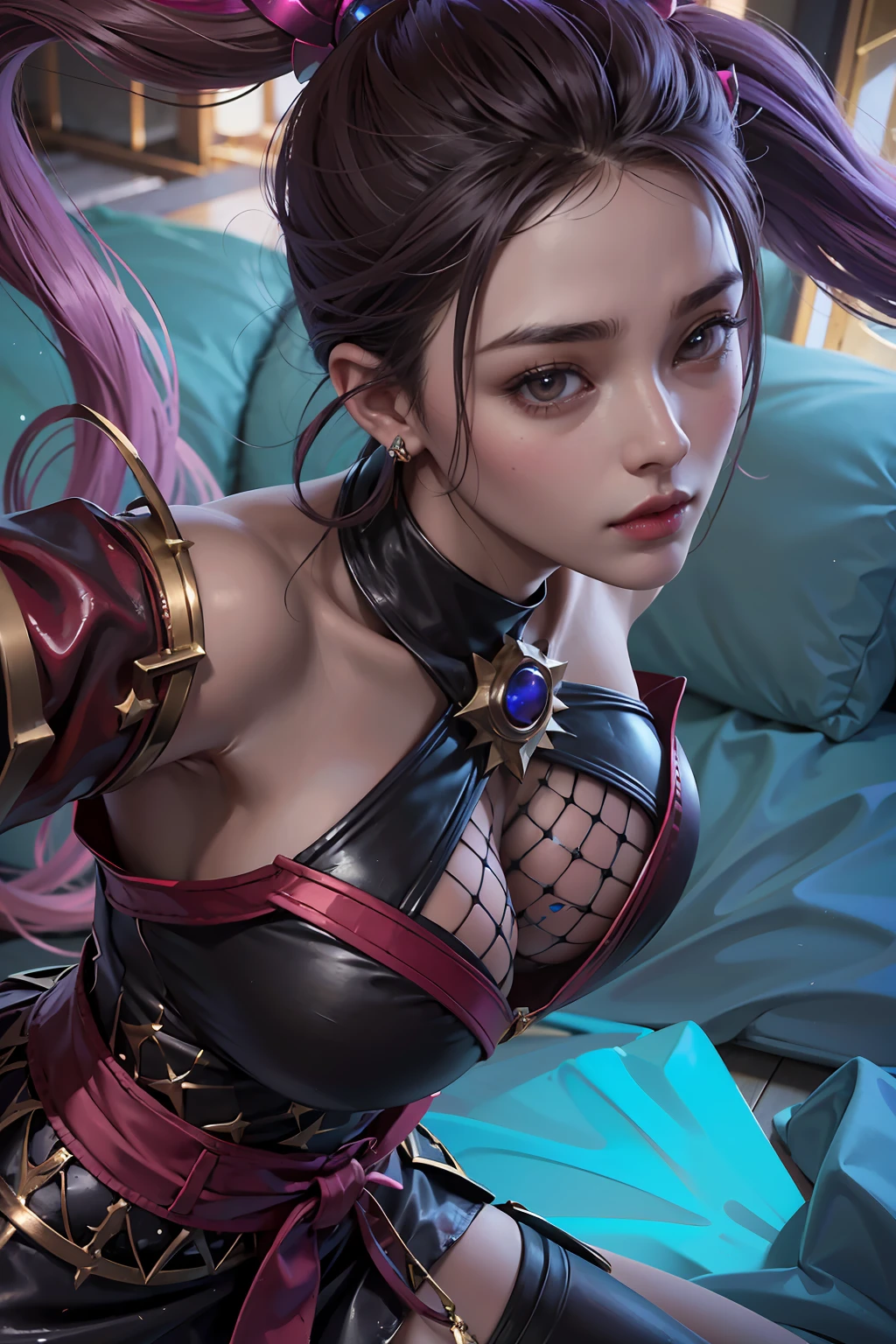 Irelia from League of Legends, KDA Irelia ((Realistic light, Best quality, 8k, Masterpiece :1.3)), Selfie, 1girl, Pretty woman with perfect figure :1.4, abs :1.1, (Light Purpel hair, Huge breasts :1.5), arabic dress :1.2, Bed, Ultra-detailed face, Detailed eyes, Double eyelid, perfect hands perfect fingers perfect breasts perfect hair perfect face perfect body