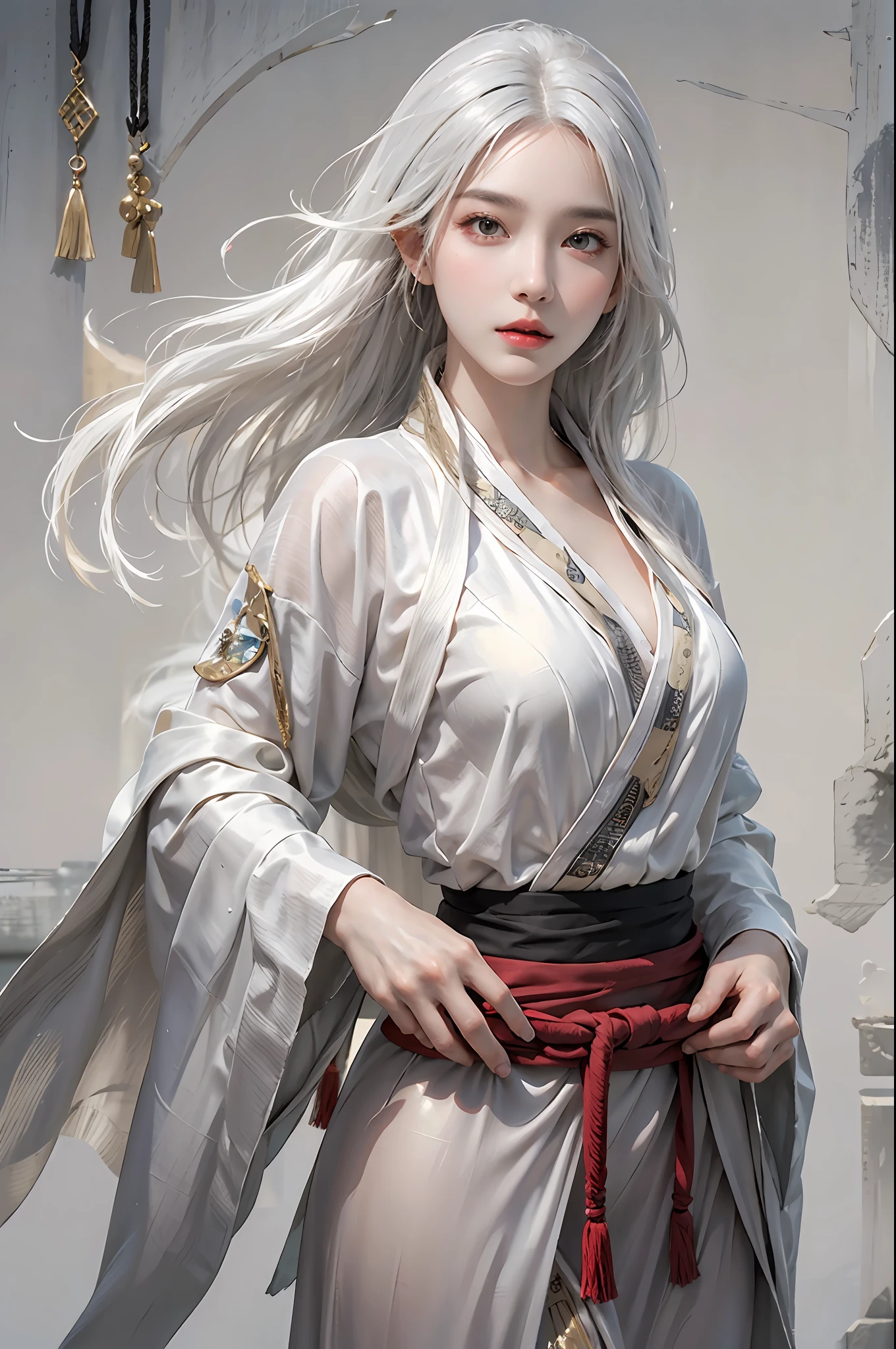 photorealistic, high resolution, 1women, solo, hips up, look at viewer, (detailed face), narrow waist, closed lips, white hair, long hair, kungfu clothes, Robe of Annica Zai, jewelry