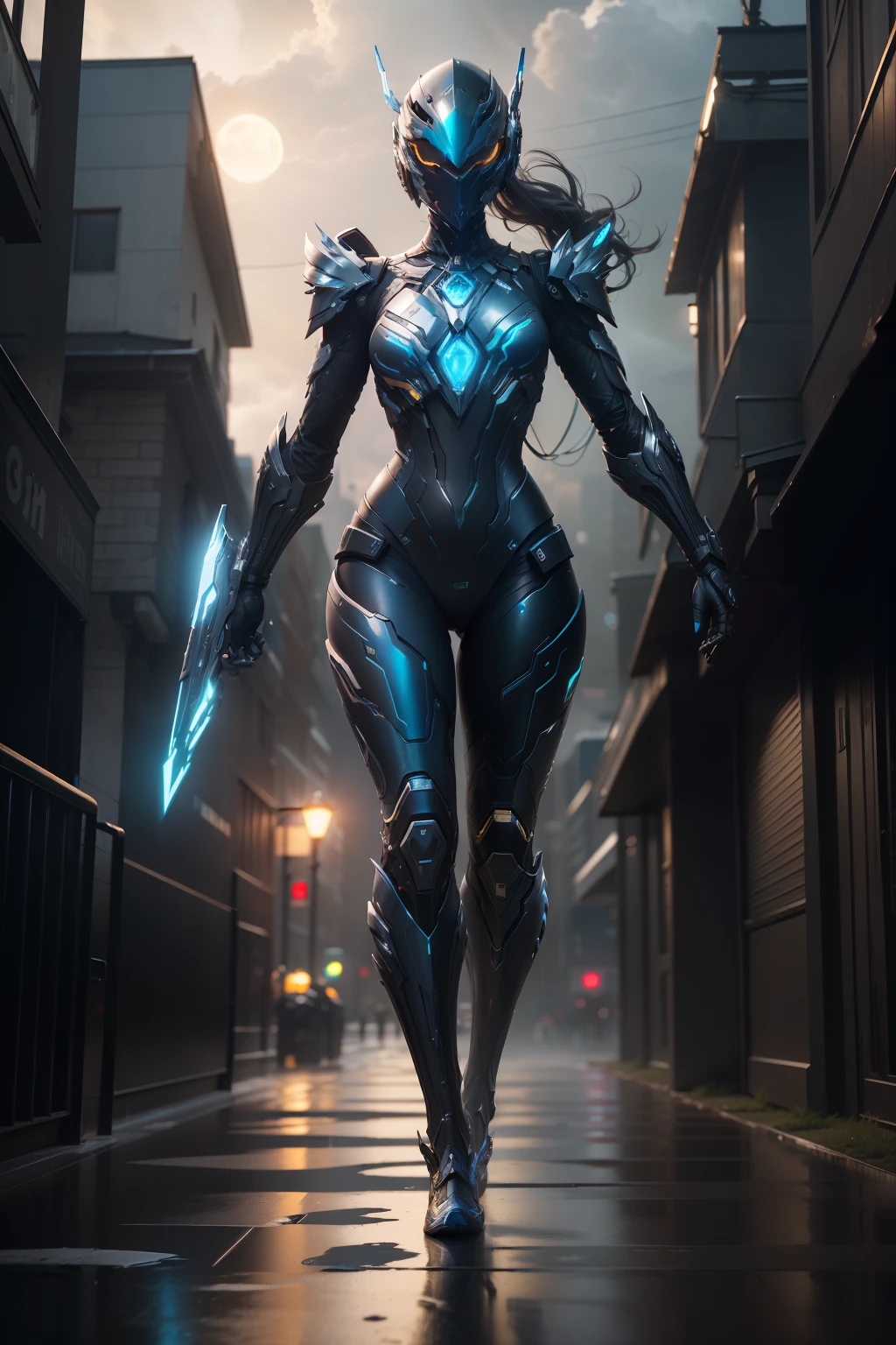 Angel, WARFRAME, intricate pattern, heavy metal, energy lines, faceless, glowing eyes, elegant, intense, blue and white uniform, solo, modern, city, streets, dark clouds, thunderstorm, heavy rain, dramatic lighting, (masterpiece:1.2), best quality, high resolution, beautiful detailed, extremely detailed, perfect lighting,(full body, (dynamic pose), action pose), (rim lighting, studio lighting, distant moon light, night, bloom), (cinematic, best quality, masterpiece, ultra HD textures, highly detailed, hyper realistic, intricate detail, 8k, photorealistic, concept art, matte painting, autodesk maya, vray render, ray tracing, hdr), (dslr, full frame, 16mm focal length, f/8 aperture, dynamic perspective, dynamic angle, golden ratio, wide photography, wide field of view, deep depth of field, zoom out) techwear, urbansamurai 3d, realistic cyborg in a cyberhelmet head