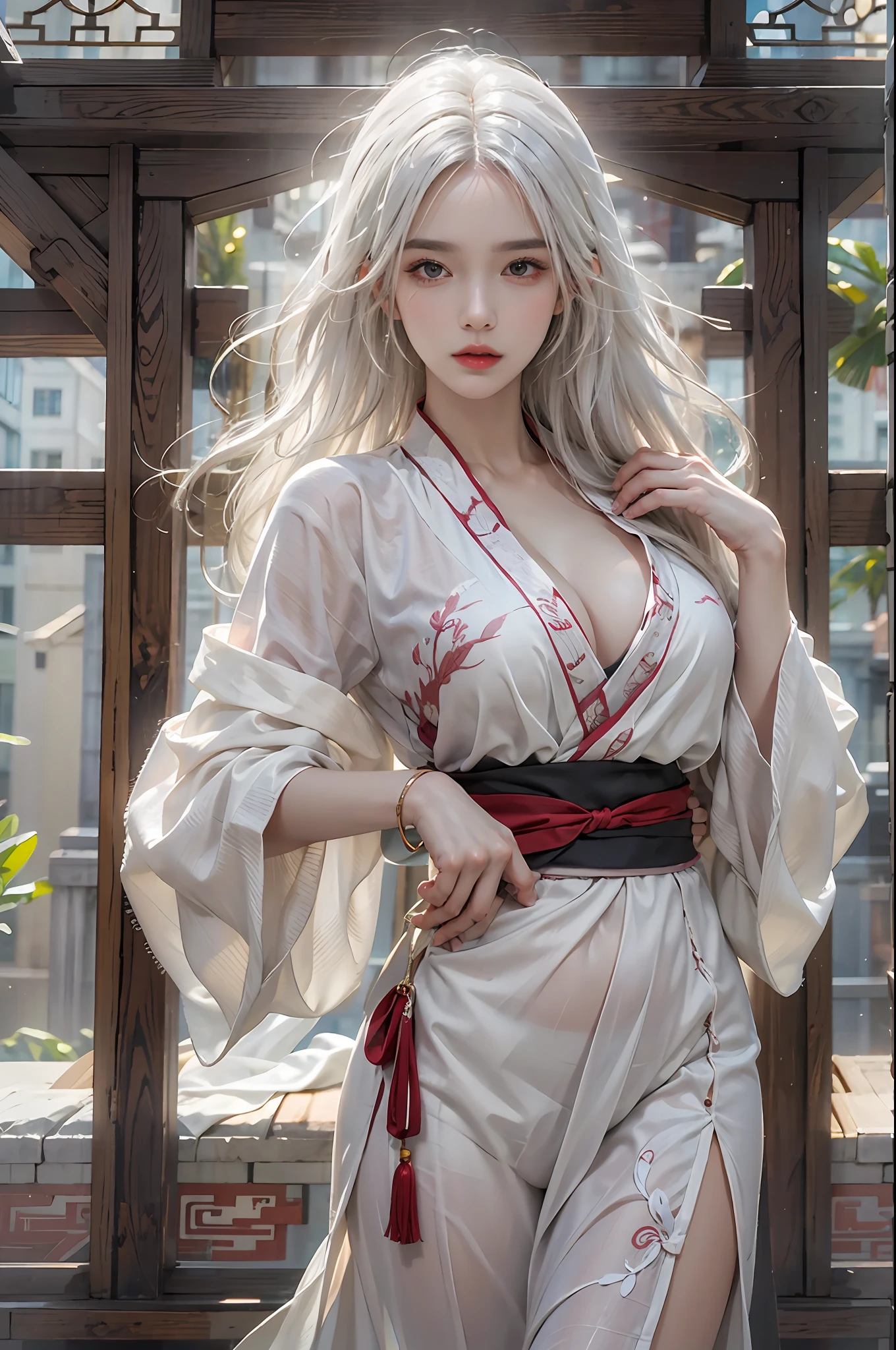 photorealistic, high resolution, 1women, solo, hips up, look at viewer, (detailed face), narrow waist, closed lips, white hair, long hair, kungfu clothes, Robe of Annica Zai, jewelry