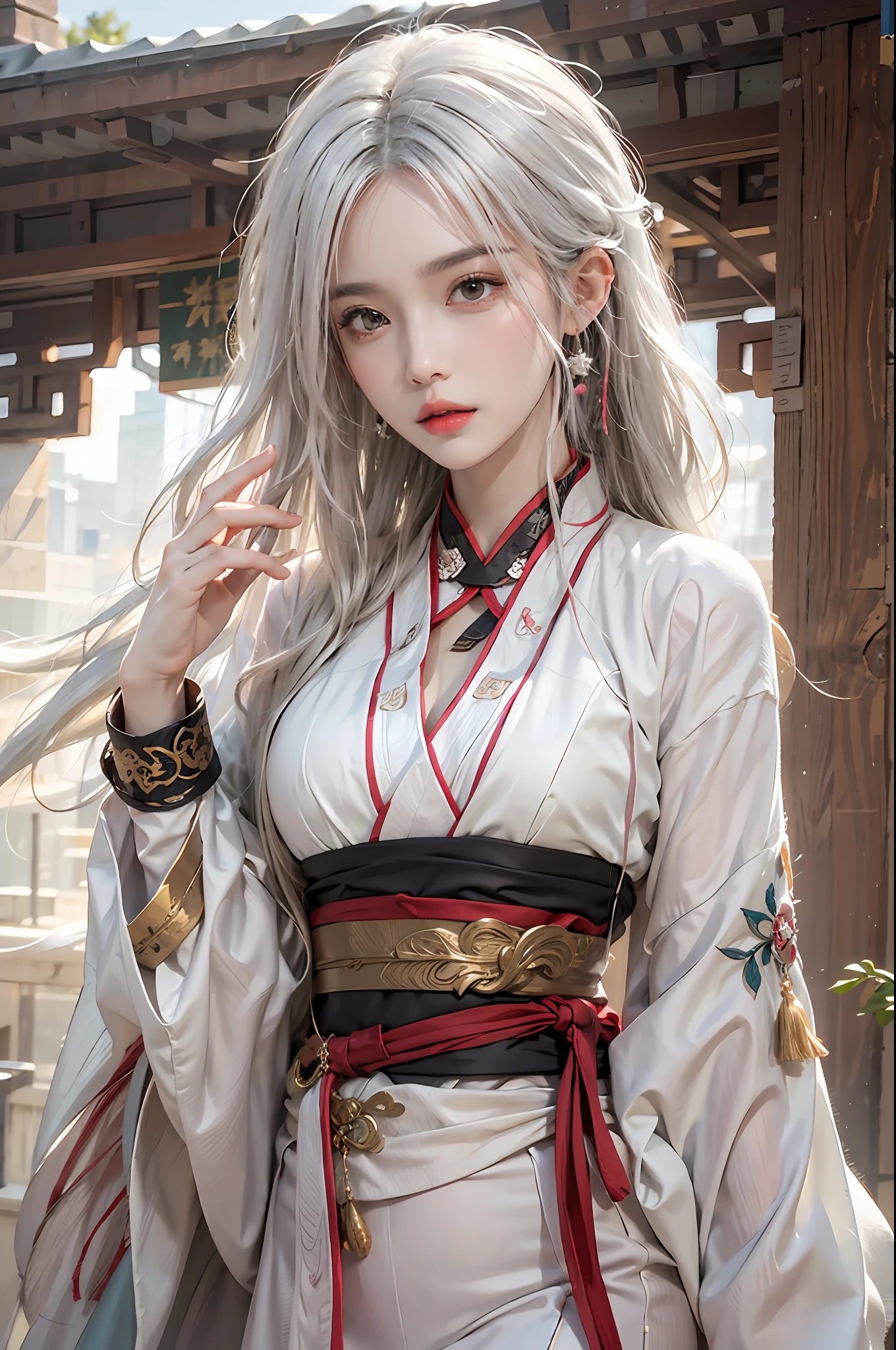 photorealistic, high resolution, 1women, solo, hips up, look at viewer, (detailed face), narrow waist, closed lips, white hair, long hair, kungfu clothes, Robe of Annica Zai, jewelry