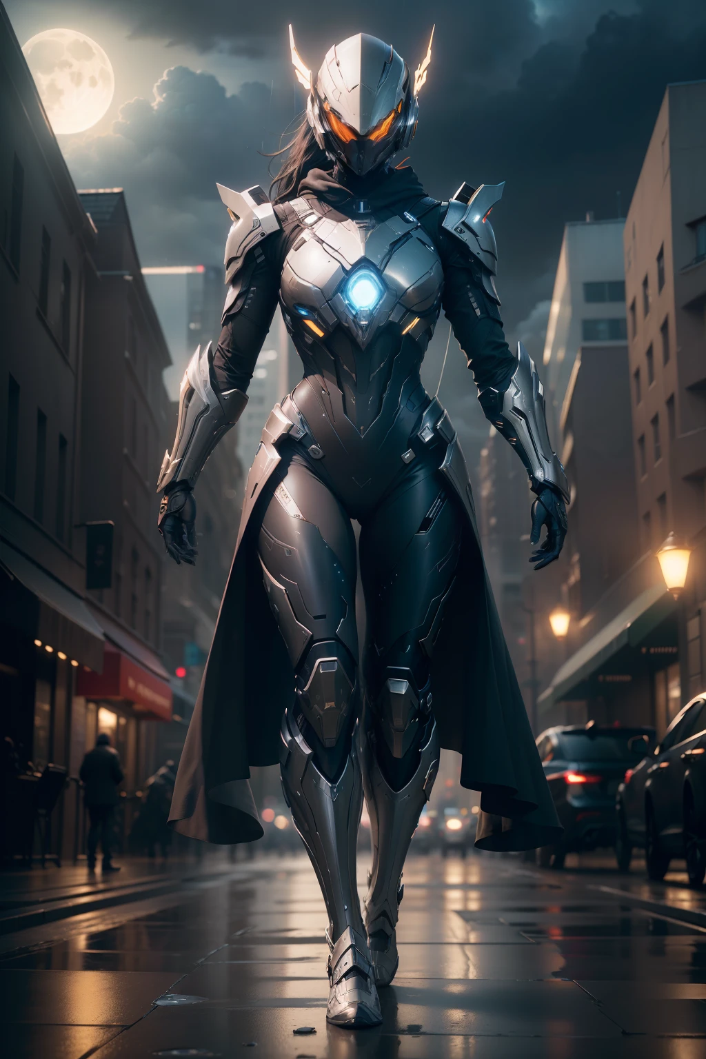 Angel, WARFRAME, intricate pattern, heavy metal, energy lines, faceless, glowing eyes, elegant, intense, blue and white uniform, solo, modern, city, streets, dark clouds, thunderstorm, heavy rain, dramatic lighting, (masterpiece:1.2), best quality, high resolution, beautiful detailed, extremely detailed, perfect lighting,(full body, (dynamic pose), action pose), (rim lighting, studio lighting, distant moon light, night, bloom), (cinematic, best quality, masterpiece, ultra HD textures, highly detailed, hyper realistic, intricate detail, 8k, photorealistic, concept art, matte painting, autodesk maya, vray render, ray tracing, hdr), (dslr, full frame, 16mm focal length, f/8 aperture, dynamic perspective, dynamic angle, golden ratio, wide photography, wide field of view, deep depth of field, zoom out) techwear, urbansamurai 3d, realistic cyborg in a cyberhelmet head