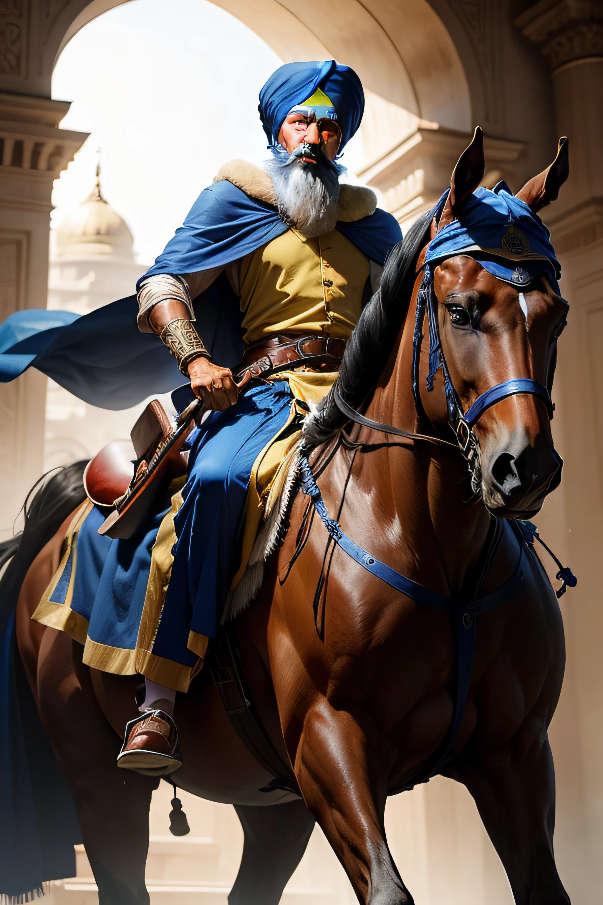 sikh warrior in blue robe, riding on horse
