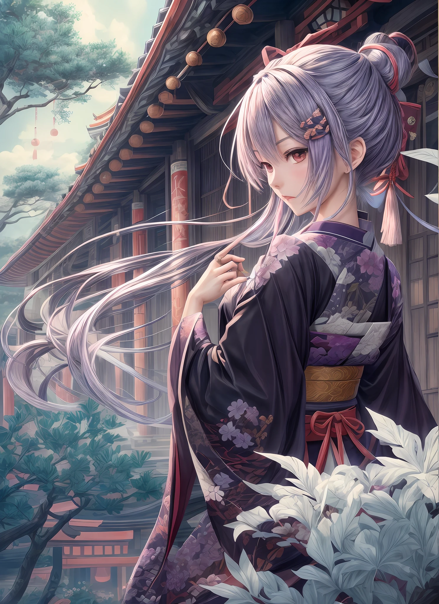 (Masterpiece,Best quality, 8K ,art stations,the wallpaper,offcial art, Splash Art,tack sharp focus,1 masterpiece, Best quality),(full bodyesbian),Raiden Shogun (Genshin Impact), Long hair with purple braids, 1 girl solo, Slim little kimono,Purple stockings,The clothes slipped off the shoulders, floating object,复杂,ellegance,Japanese torii background,(anatomy correct,beauitful face,Solo exhibition)