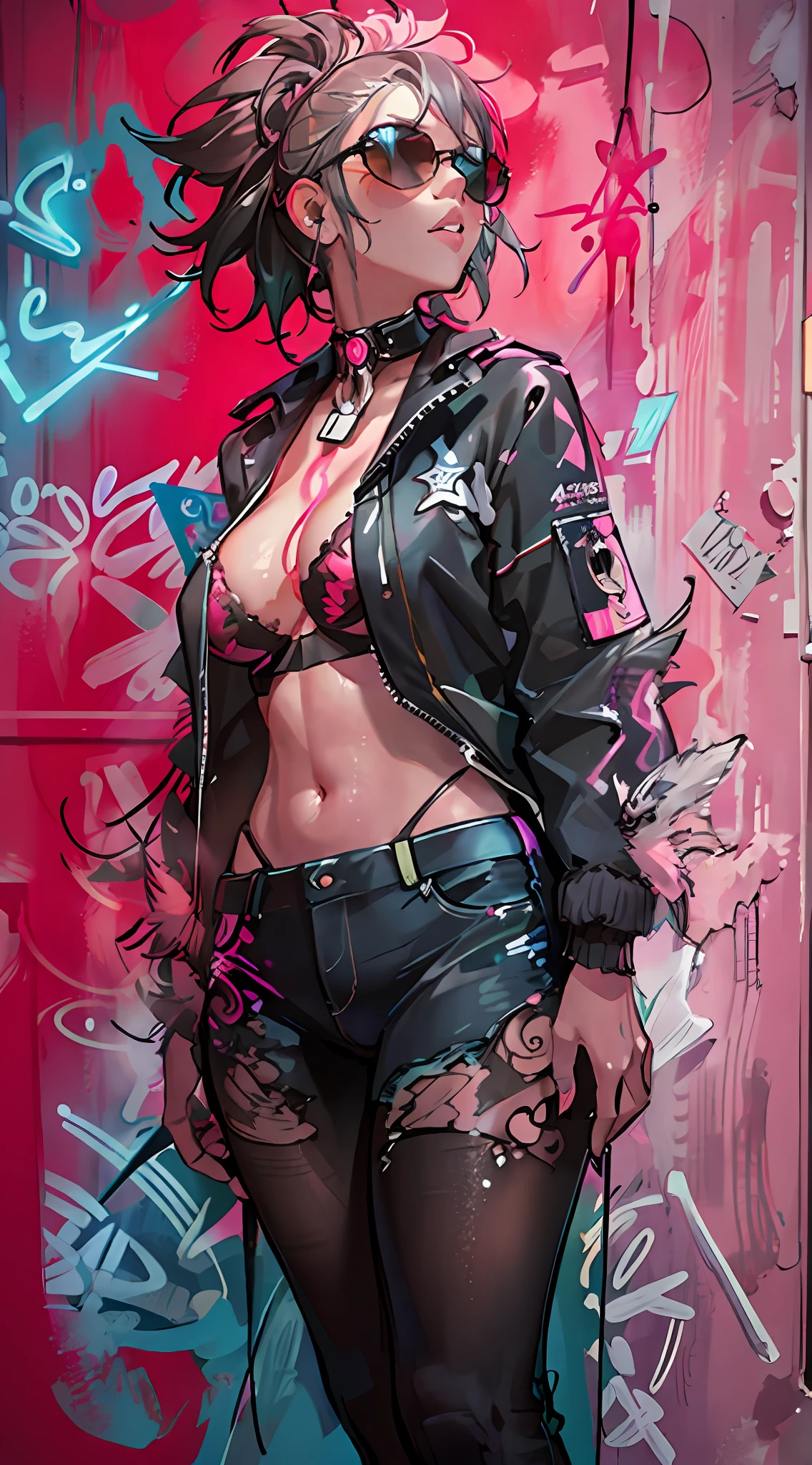 close up, full color painting of  standing cyberpunk girl, sunglasses, high heel shoes, perfect hourglass figure, perfect huge tits, (((Graffiti art) (by Carne Griffiths))), red wall background, insane details, intricate details, hyperdetailed, low contrast, soft cinematic light, dim colors, exposure blend, hdr, front, (neon light:1.4), upper body, detailed skin, detailed eyes, realistic eyes, 20 megapixel, canon eos r3, detailed skin, detailed face, (TungstenDispo:1.2), raw photo, portrait of a business woman, (style by Flora Borsi), bold, bright colours, blue Mohawk haircut, ((Flora Borsi)), dslr, dramatic lighting, high quality, film grain, Fujifilm XT3, (strong backlight:1.1), analog style (liminal space), by Syd Mead, by Andr Kertsz, by Tadao Ando