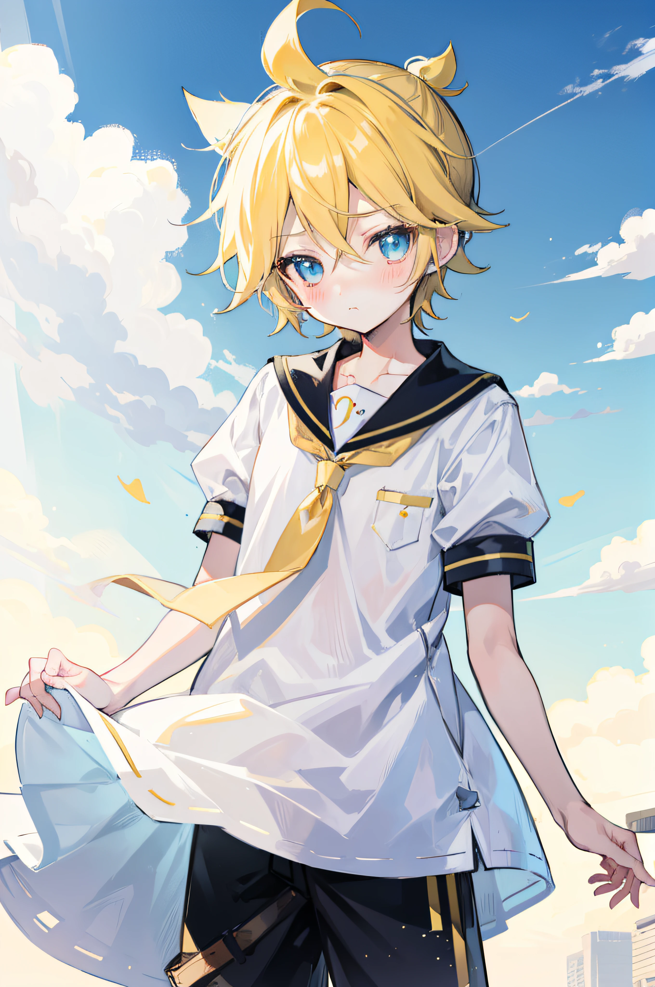 one boy, (Kagamine_Len), cowlick, cute face, beautiful eyes, sailor uniform, black short pants, cowboy shot, look at you, boy loves you, shy, (blush), happy, your boyfriend, standing, outdoor