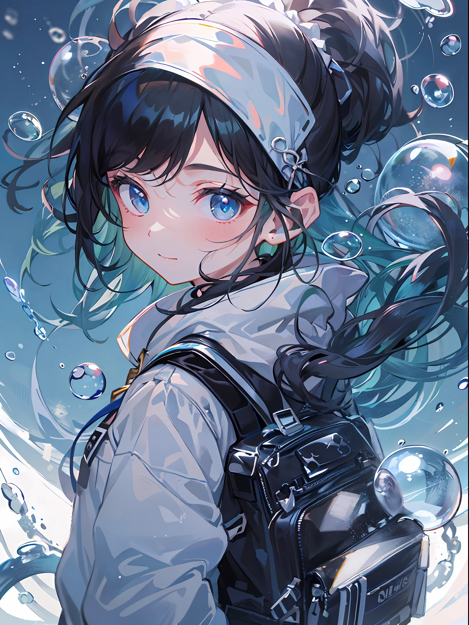 ((top-quality)), ((masterpiece)), ((ultra-detailliert)), (extremely delicate and beautiful), girl with, 独奏, cold attitude,((Black jacket)),She is very(relax)with the(Settled down)Looks,A dark-haired, depth of fields,evil smile,Bubble, under the water, Air bubble,bright light blue eyes,Inner color with black hair and light blue tips,Cold background,Bob Hair - Linear Art, shortpants、knee high socks、White uniform like school uniform、Light blue ribbon ties、Clothes are sheer、Hands in pockets、Ponytail hair、