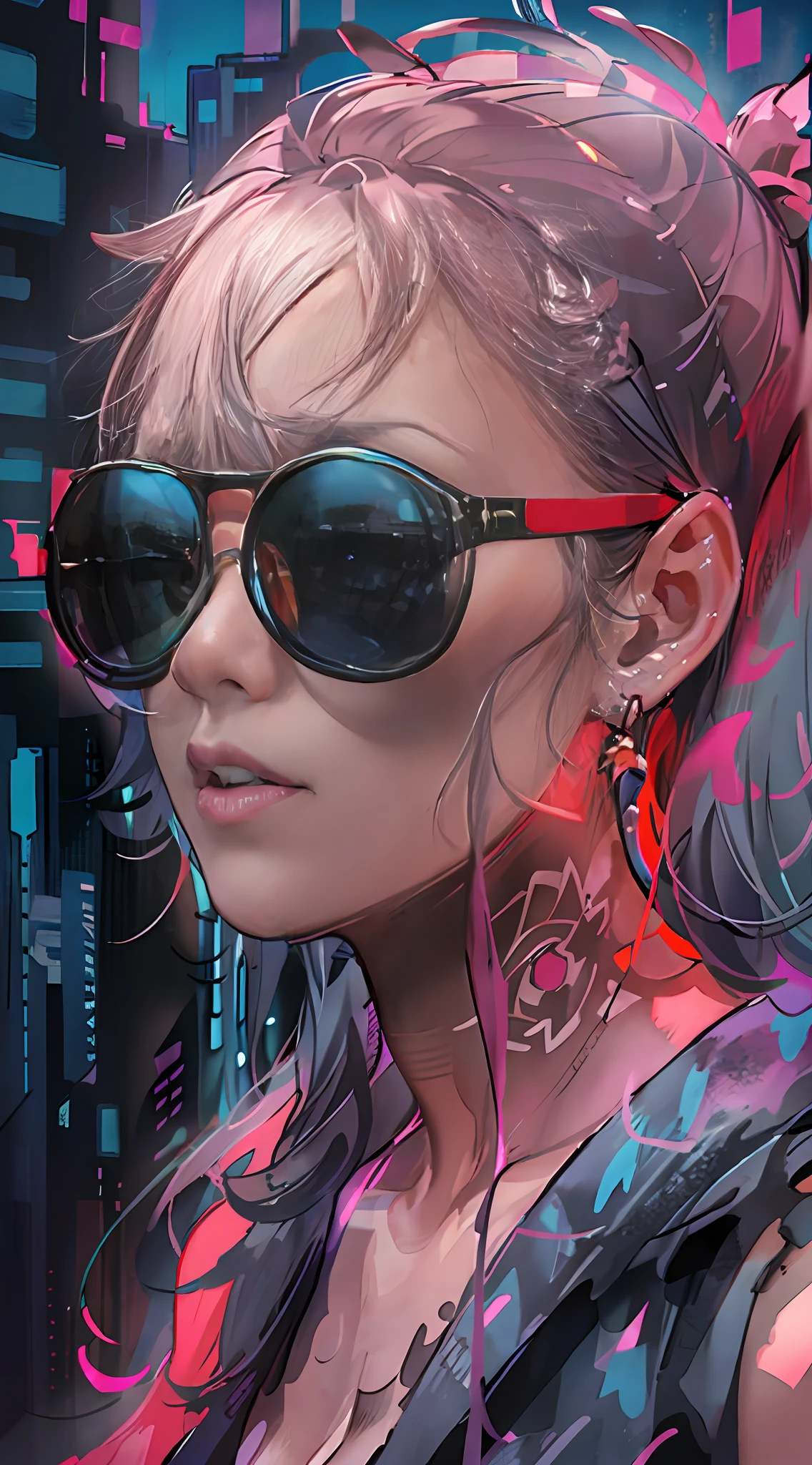 close up, full color painting of  standing cyberpunk girl, sunglasses, high heel shoes, perfect hourglass figure, perfect huge tits, (((Graffiti art) (by Carne Griffiths))), red wall background, insane details, intricate details, hyperdetailed, low contrast, soft cinematic light, dim colors, exposure blend, hdr, front, (neon light:1.4), upper body, detailed skin, detailed eyes, realistic eyes, 20 megapixel, canon eos r3, detailed skin, detailed face, (TungstenDispo:1.2), raw photo, portrait of a business woman, (style by Flora Borsi), bold, bright colours, blue Mohawk haircut, ((Flora Borsi)), dslr, dramatic lighting, high quality, film grain, Fujifilm XT3, (strong backlight:1.1), analog style (liminal space), by Syd Mead, by Andr Kertsz, by Tadao Ando