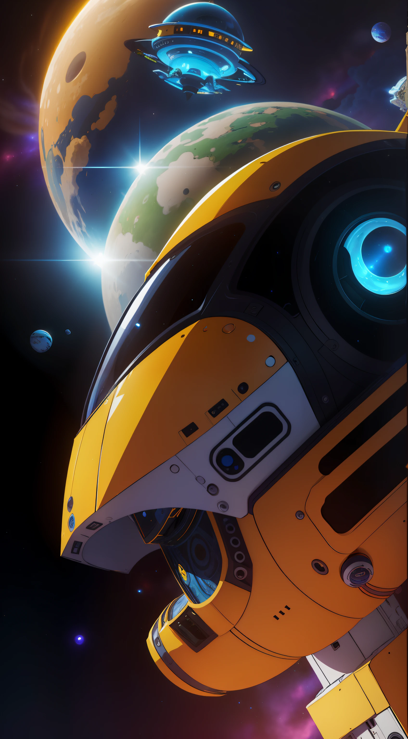 space,heavenly body,extraterrestial,Space exploration,future-tech,droid,fantastical creature,Spaceship,Alien scenes,Action,High-tech equipment,Colorful colors,Flat cartoon drawing,the detail,Traces of painting