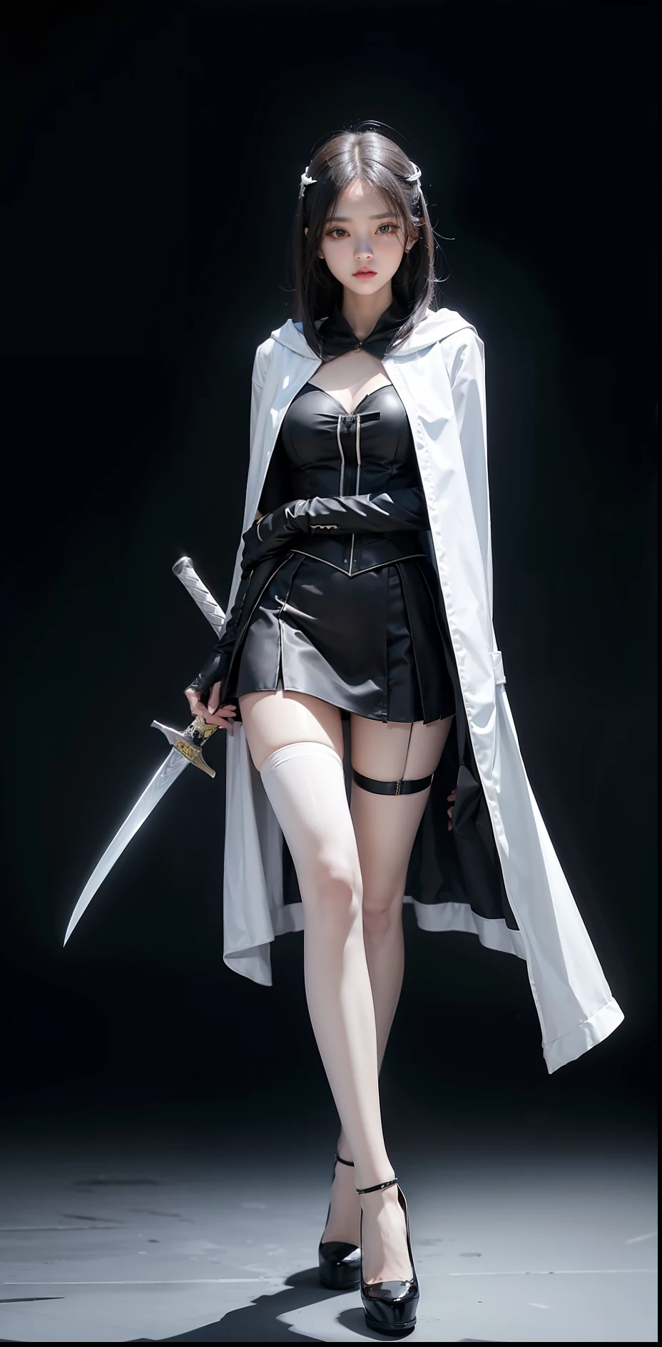 woman，hooding，delicated face，Long sword in hand，short  skirt，A pair of long legs，Black and white gradient stockings，Perfect lighting，Model pose，Movie light，perfect bodies