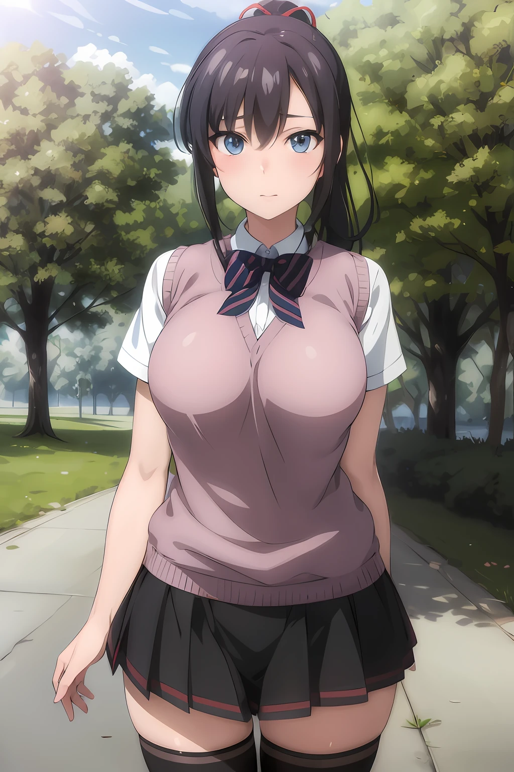 Blue eyes、Anime girl in short skirt and bow tie posing for camera, Realistic Schoolgirl, Smooth Anime CG Art, beautiful anime high school girl, a hyperrealistic schoolgirl, makoto shinka, anime moe art style, a hyperrealistic schoolgirl, Anime Best Girl, Seductive Anime Girl, noire moody scene, oppai, iwakura lain, Ecchi anime style