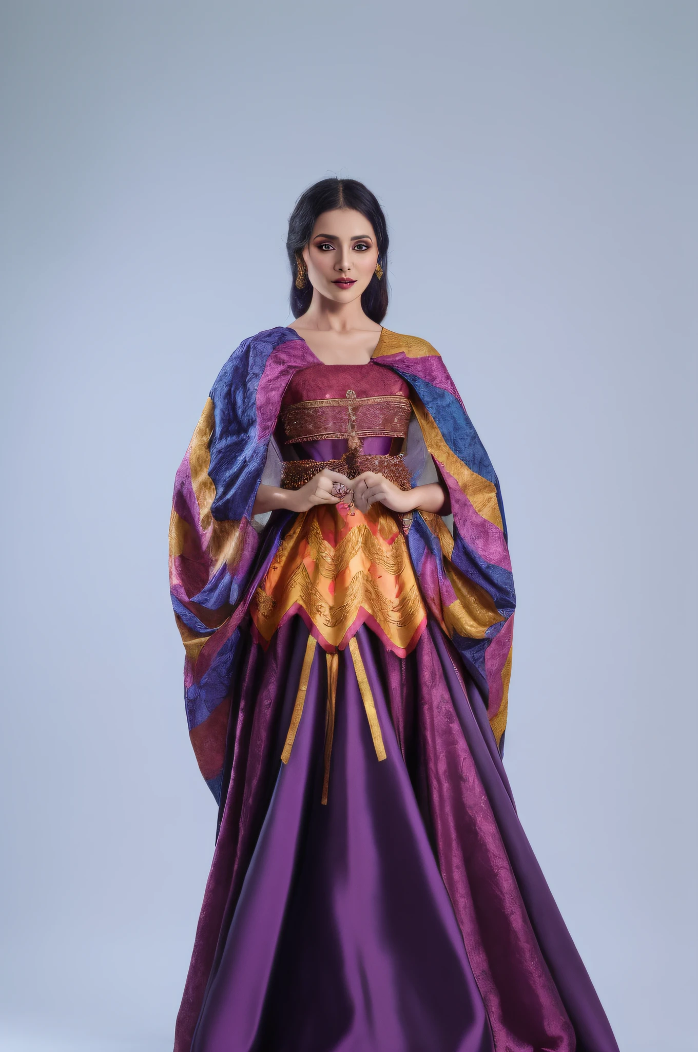 arafed woman in a colorful dress posing for a picture, idian dress, draped in purple and gold silk, draped in silky purple and gold, flowing gown, fantasy long intricate gown, wearing long gown, royal gown, modest flowing gown, renaissance colorful dress, long flowing intricate dress, high quality theatre costume, wearing a luxurious silk cloak