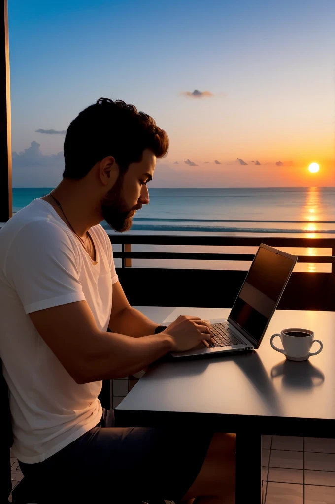 Arafed homem sentado em uma mesa com um laptop em seu colo, com um laptop no colo, sentado em frente ao computador, Trabalhando em um laptop em uma mesa, sunsettime, sentado em um computador, with sunset, artista digital, morning hour, ao nascer do sol, artistic pose, na frente de um computador, Detalhe excepcional, Shutterstock