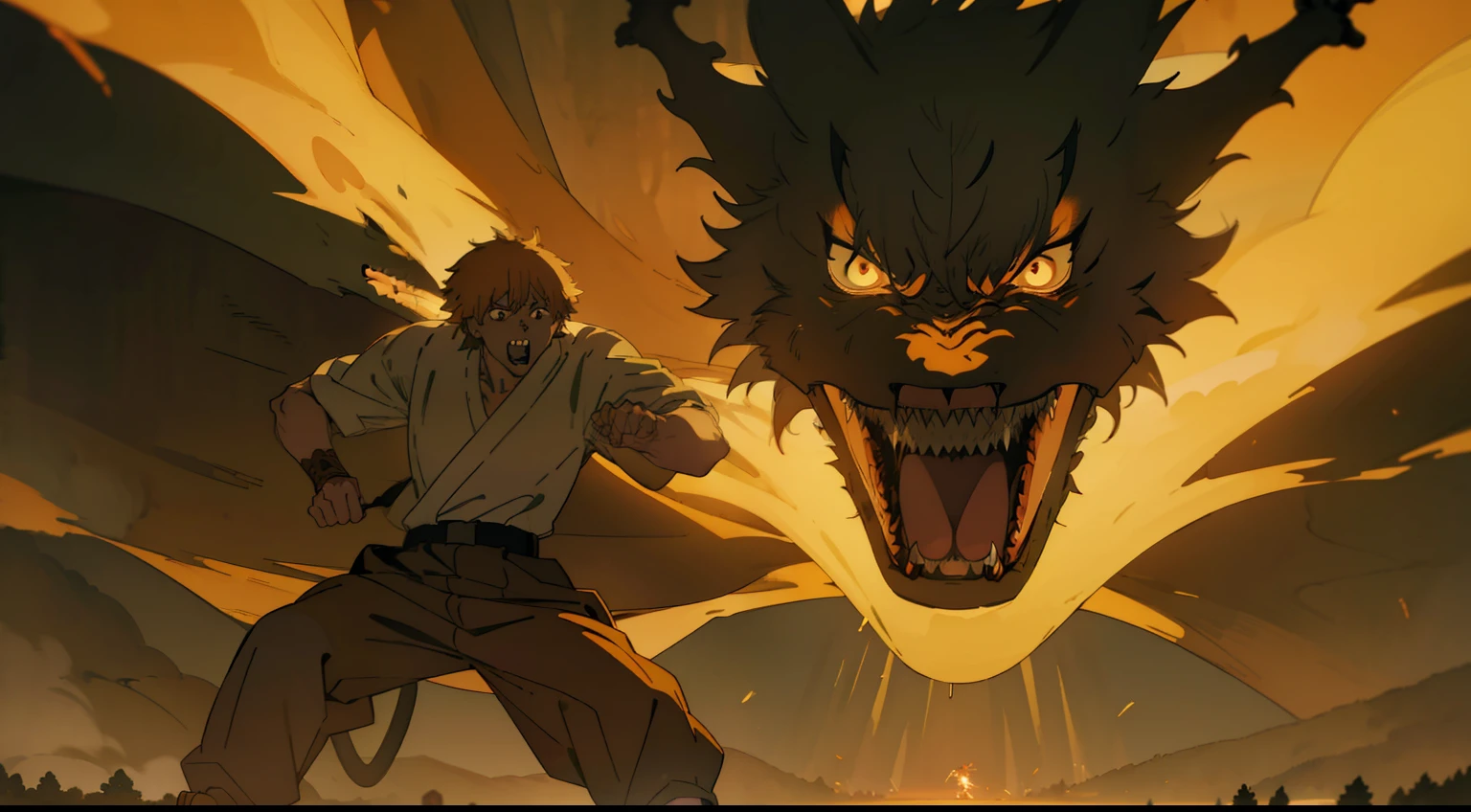 Denji standing before a demon dragon with glowing eyes, controlling it with his hands, manga art style, highly detailed, intricate forest background, scene depicting destruction, Denji's eyes glowing, not the dragon's. Make the demon dragon imposing and Denji smaller, showing destruction effects, and the dragon roaring with an open mouth. Color temperature: intense and fiery. Facial expressions: fierce determination on Denji, ferocity on the demon dragon. Lighting: dramatic shadows and highlights. Overall atmosphere: epic battle. --v 5 --stylize 1000